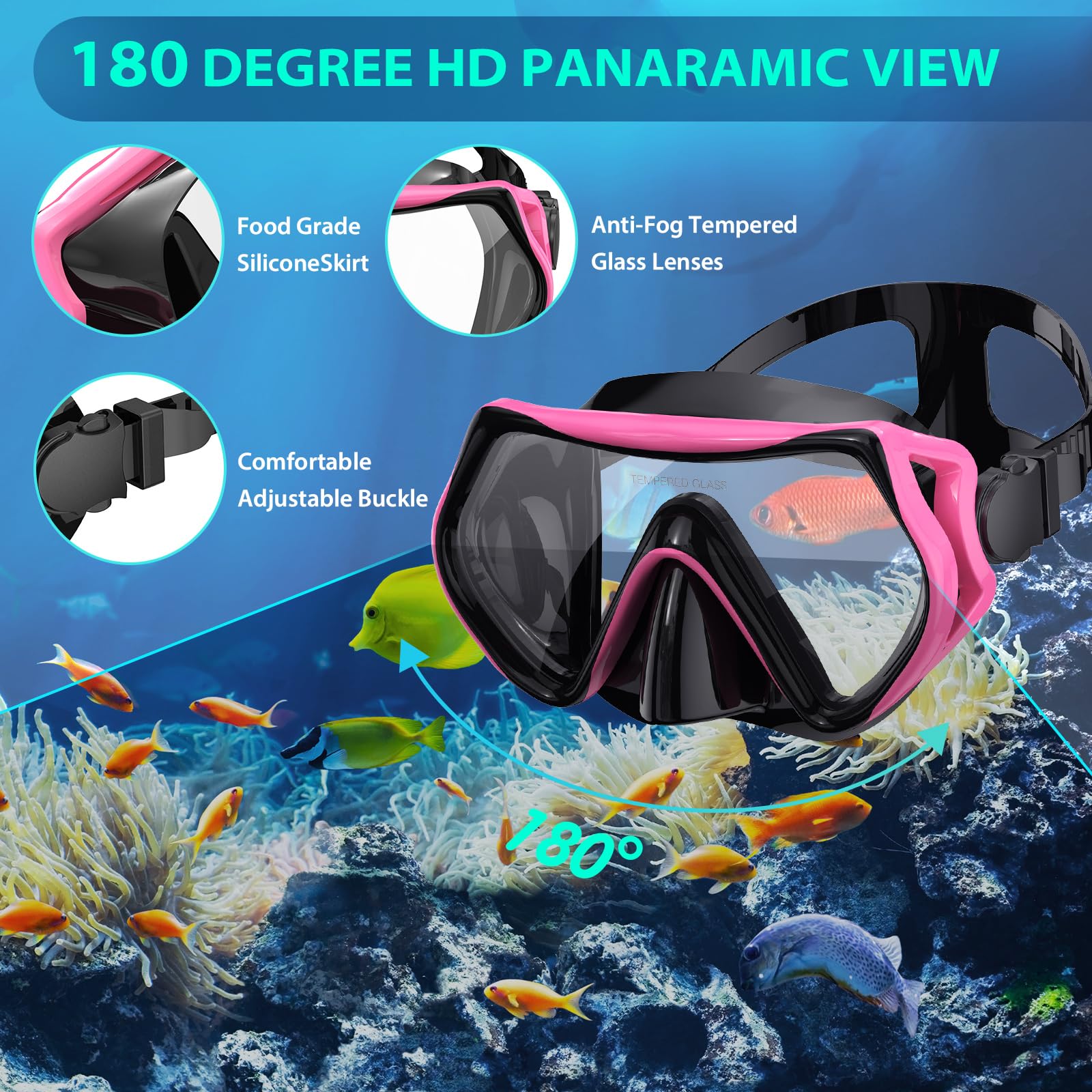 Equipo de esnórquel para adultos, juego de esnórquel de aleta de máscara, esnórquel de parte superior seca, kit de esnórquel, paquete de buceo de viaje, vista panorámica, antivaho, antifugas, rosa