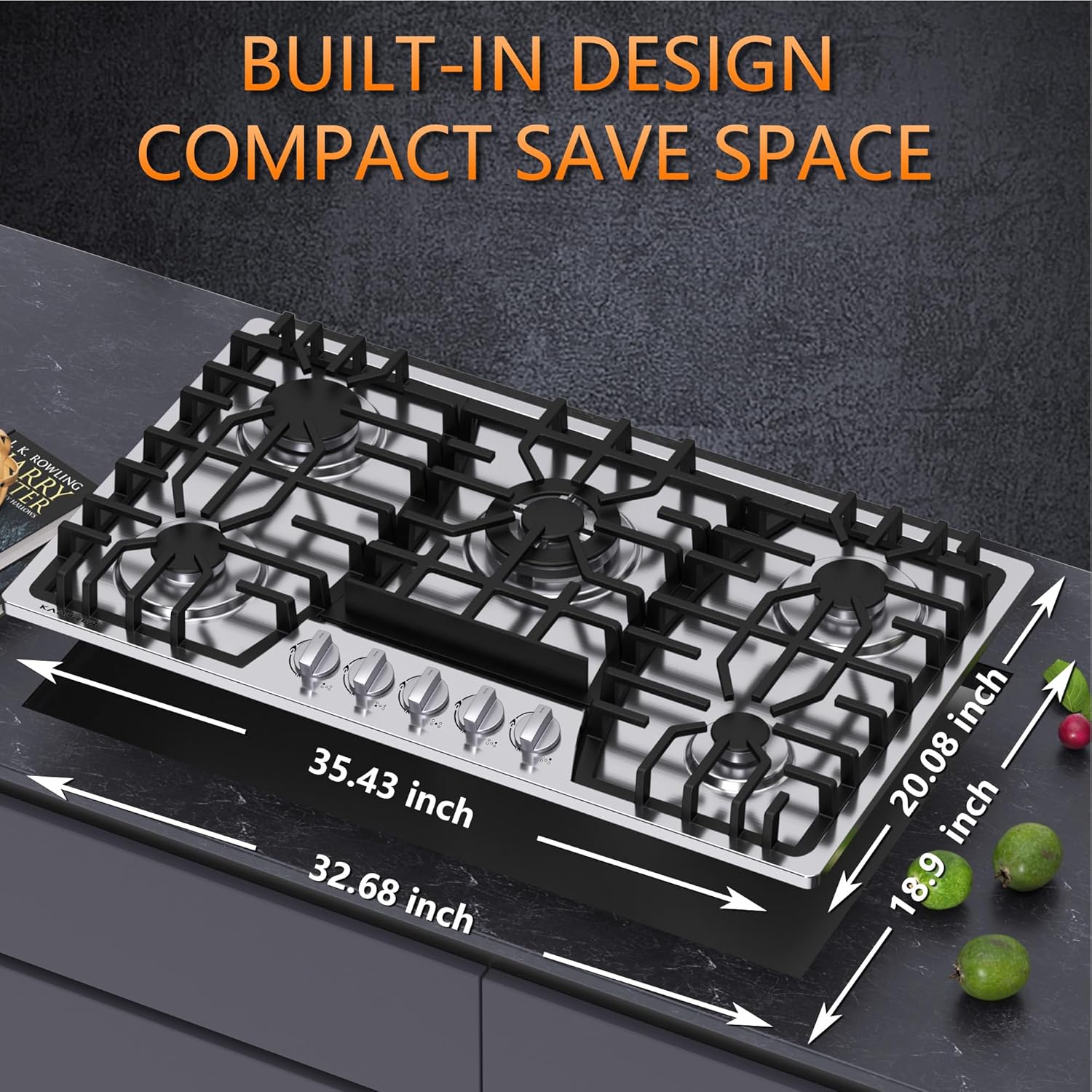 36 inch Gas Cooktop, Bulit-in Gas Stove Top with 5 Burner, NG/LPG Convertible Cooktops, 5 Burner Propane Cooktop with Thermocouple Protection, Stainless Steel - Image 6