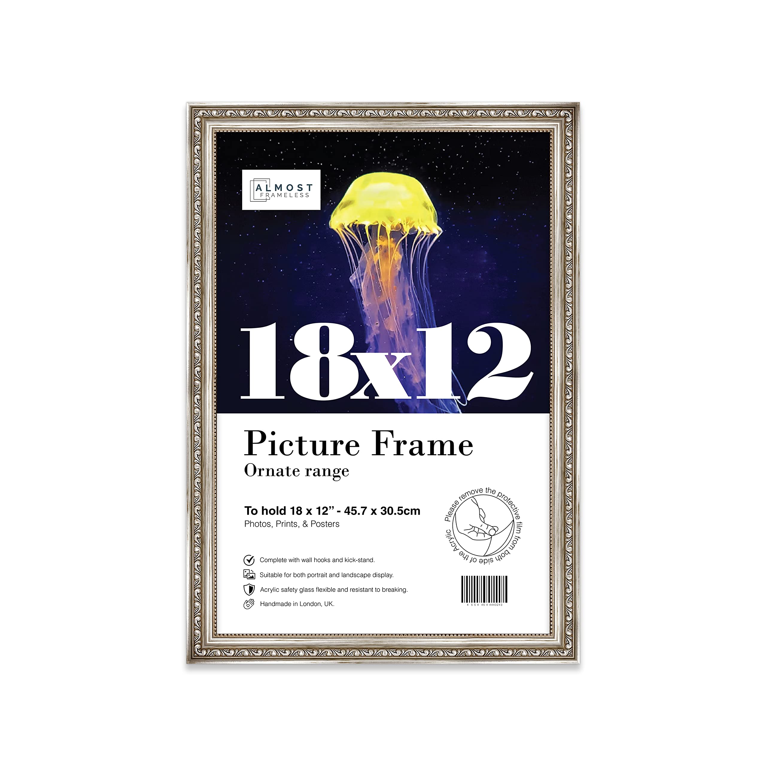 Almost Frameless Silver Picture Frame 18X12 Silver Ornate Picture Frame 18"X12"(45.7X30.5cm) Poster, Photo, Artwork, Or Print. Opulent Style Portrait And Landscape Display With Wall Hooks