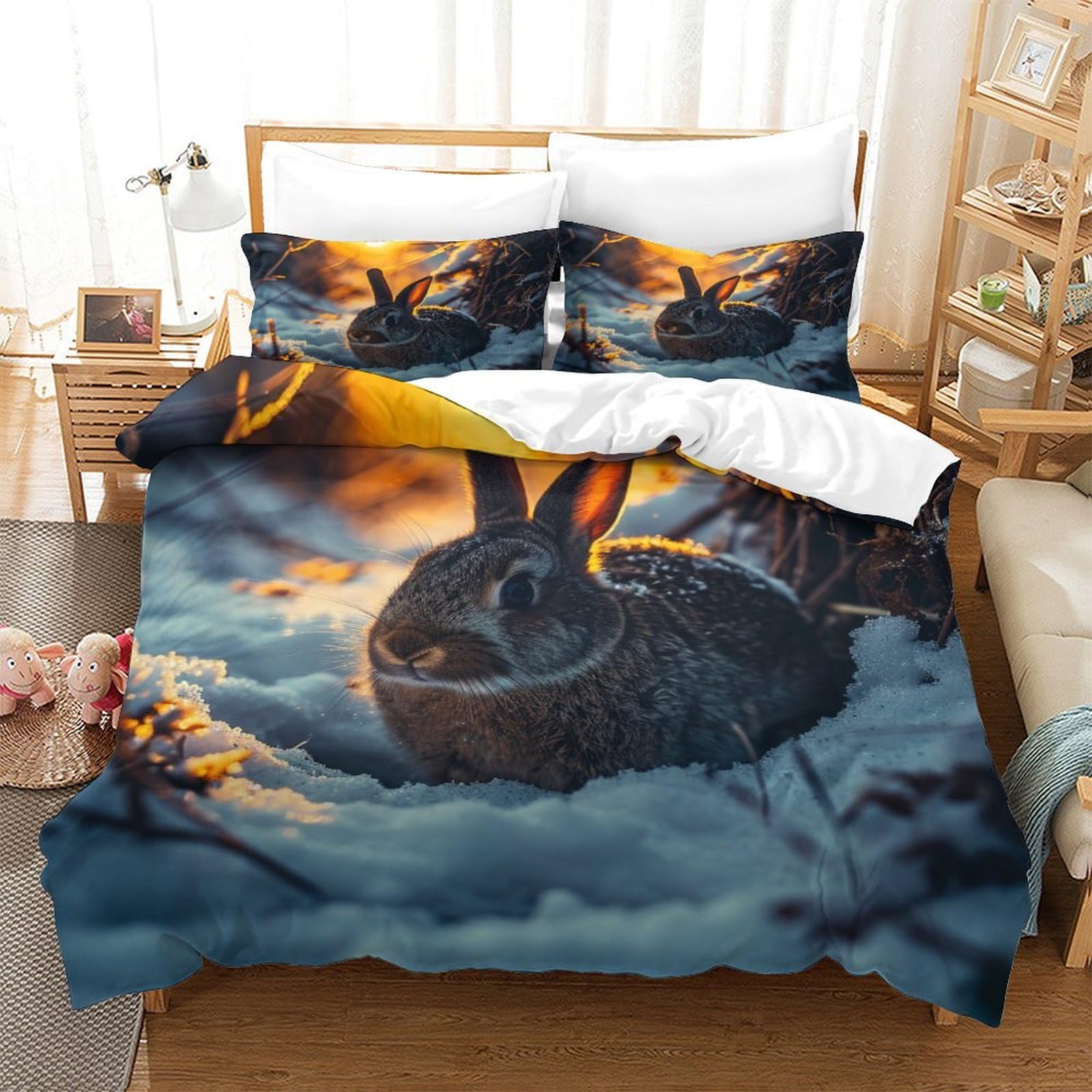BARDYS Snow Bunny for Teens And Adults Duvet Cover 3D Print Cute Animals Quilt Cover Comforter Covers Bedding Set with Zipper Closure with Pillow Cases Soft Microfiber 3 Pieces Single（140x200cm）