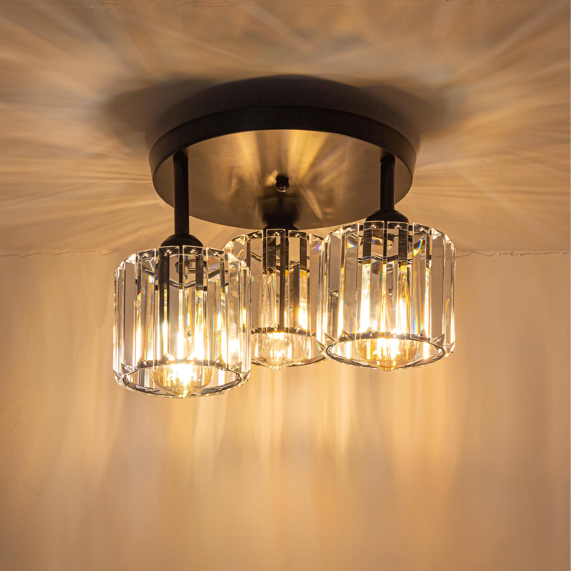 SKIVTGLAMP 3 Lights RV Crystal Hard Wired with Retro Black Decorative Light Ceiling Light Kitchen Island Lamp Ceiling Mount, E26 E27 Industrial Semi Flush Mount for RV Camper Sloped Vaulted Ceiling