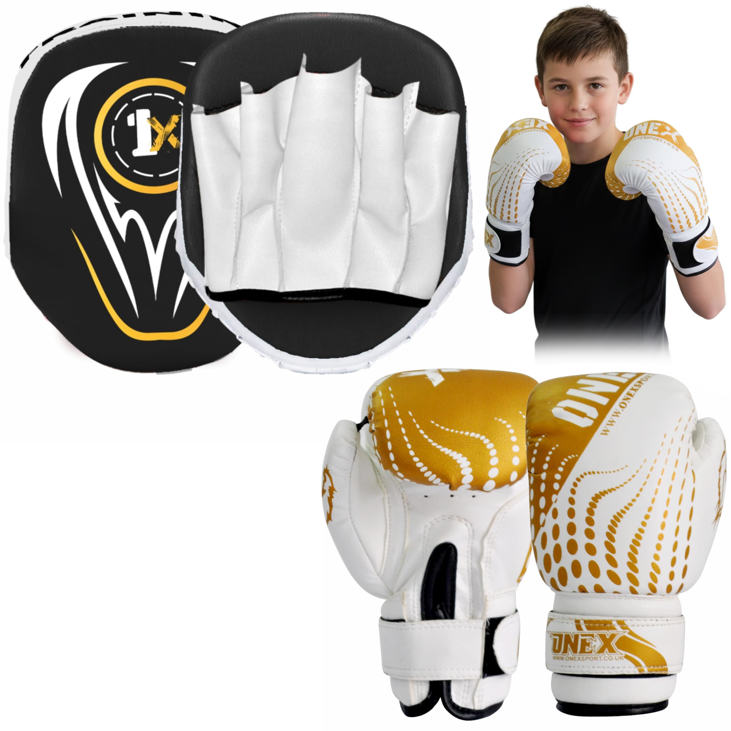 Boxing Gloves & Focus Pads Set – 6oz 4oz 2oz Gloves Hook & Jab Pads for Training, Kickboxing, Muay Thai, Punching, Sparring, MMA, Martial Arts, Taekwondo, Home & Gym Workout (GOLD, 6oz)