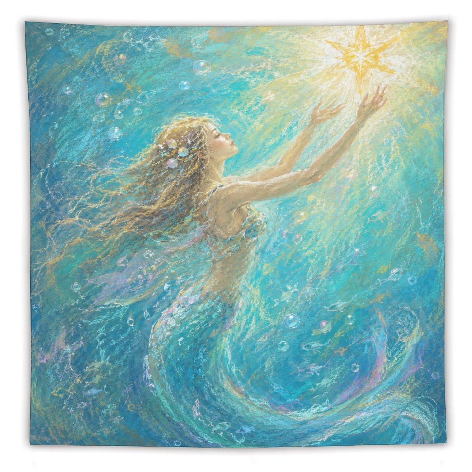 H3B8U2Y5 Mermaid Reaching for Light Wall Tapestry, Surrealist, Blue Water