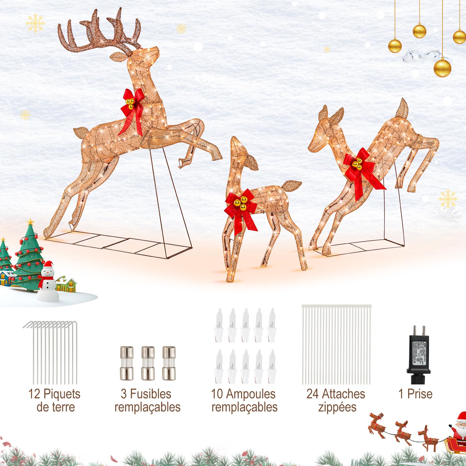 Lot De 3 Petits Cerfs De Noël Lumineux [Lot De 3] - Décoration De Noël Familiale En Forme De Renne - Renne étanche 2D - Décoration De Table Familiale