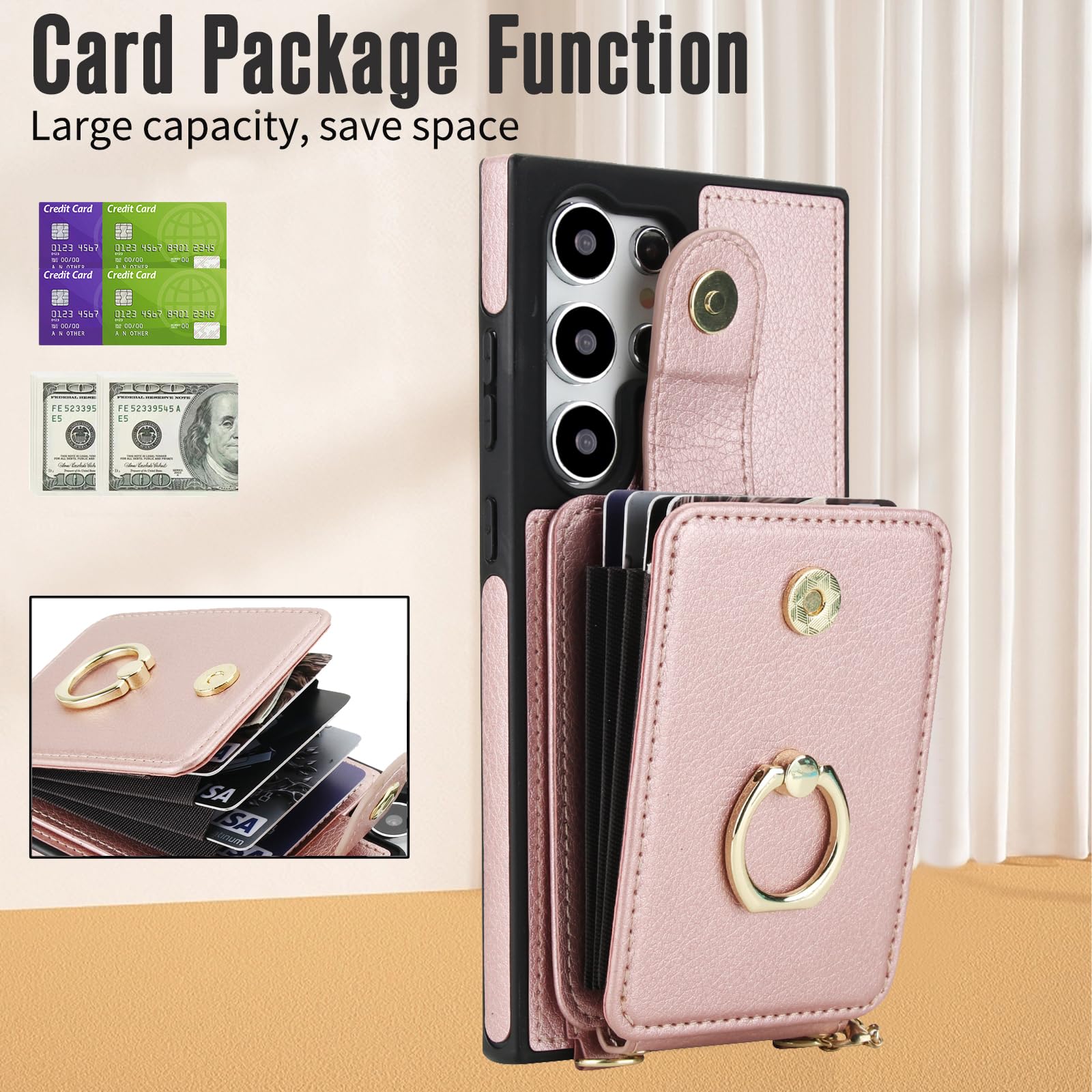 Custodia a portafoglio per Samsung Galaxy S24 Ultra 5G, chiusura magnetica rimovibile, con anello, cavalletto a tracolla, compatibile con MagSafe RFID Blocking S24Ultra, da donna, oro rosa