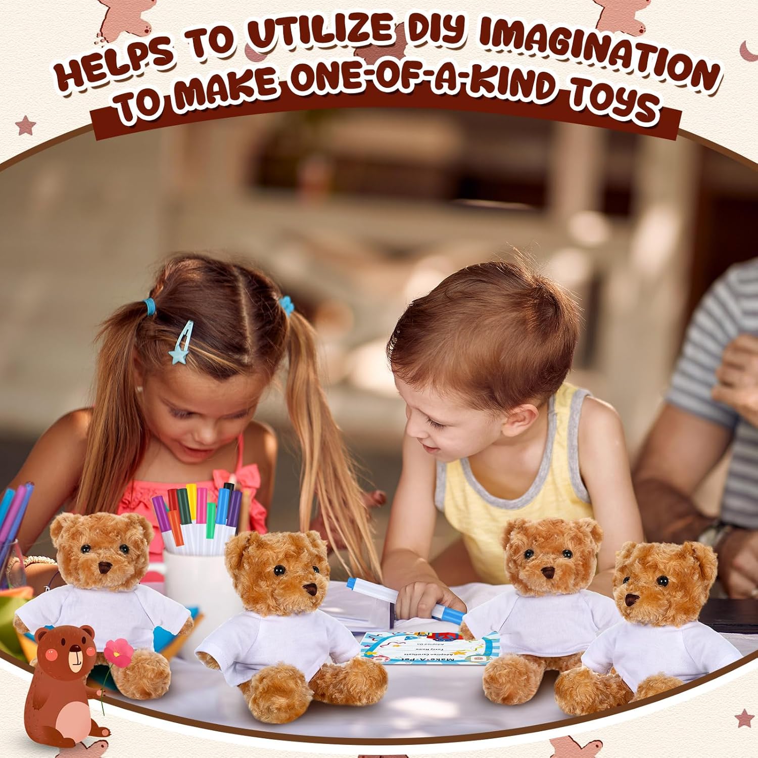 40 Pcs Make Your Own Stuffed Animal Bear Kit DIY Easter Plush Gift 10 Pcs 9.84 Inches Rose Velvet Bear 10 White T Shirt 10 Set 12 Color Pen and Card for Easter Party DIY Craft Gift(Brown)