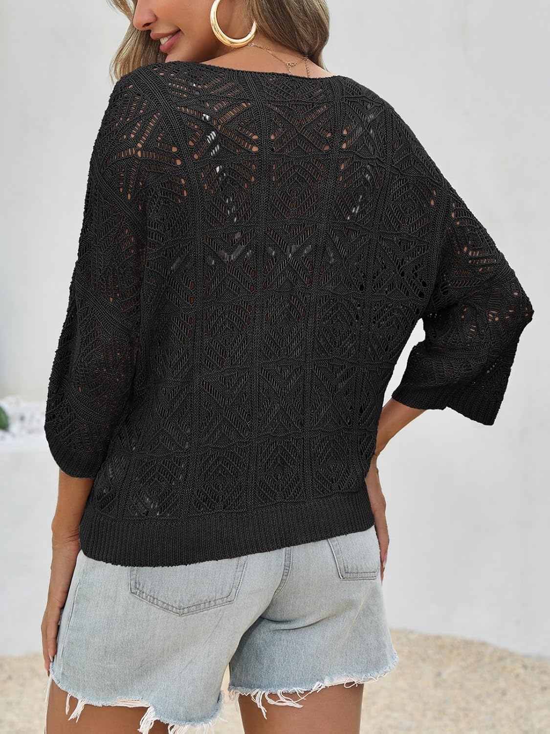 Saodimallsu Womens Crochet Cover Up Top Summer 3/4 Sleeve Off Shoulder Sweater Shirts Mesh Boho Beach Swimsuit Coverup - Image 5