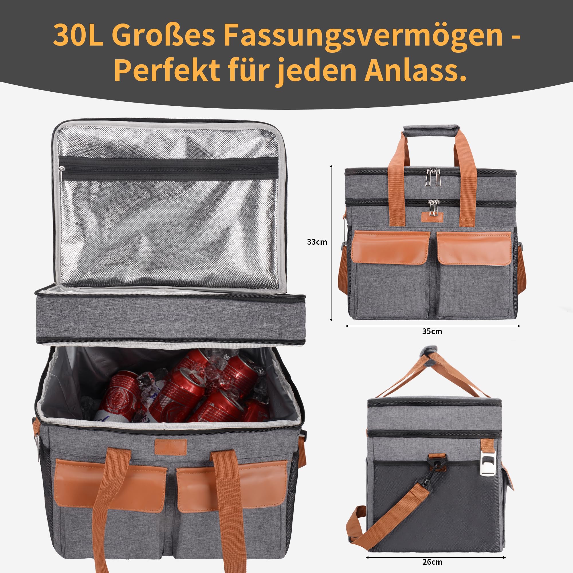 LARUTAN Kühltasche Kühltasche groß 30L Thermotasche Isoliertasche – doppelschichtig, faltbar & wasserfest, Lebensmitteltransport für Picknick, Camping & Einkauf, Grau