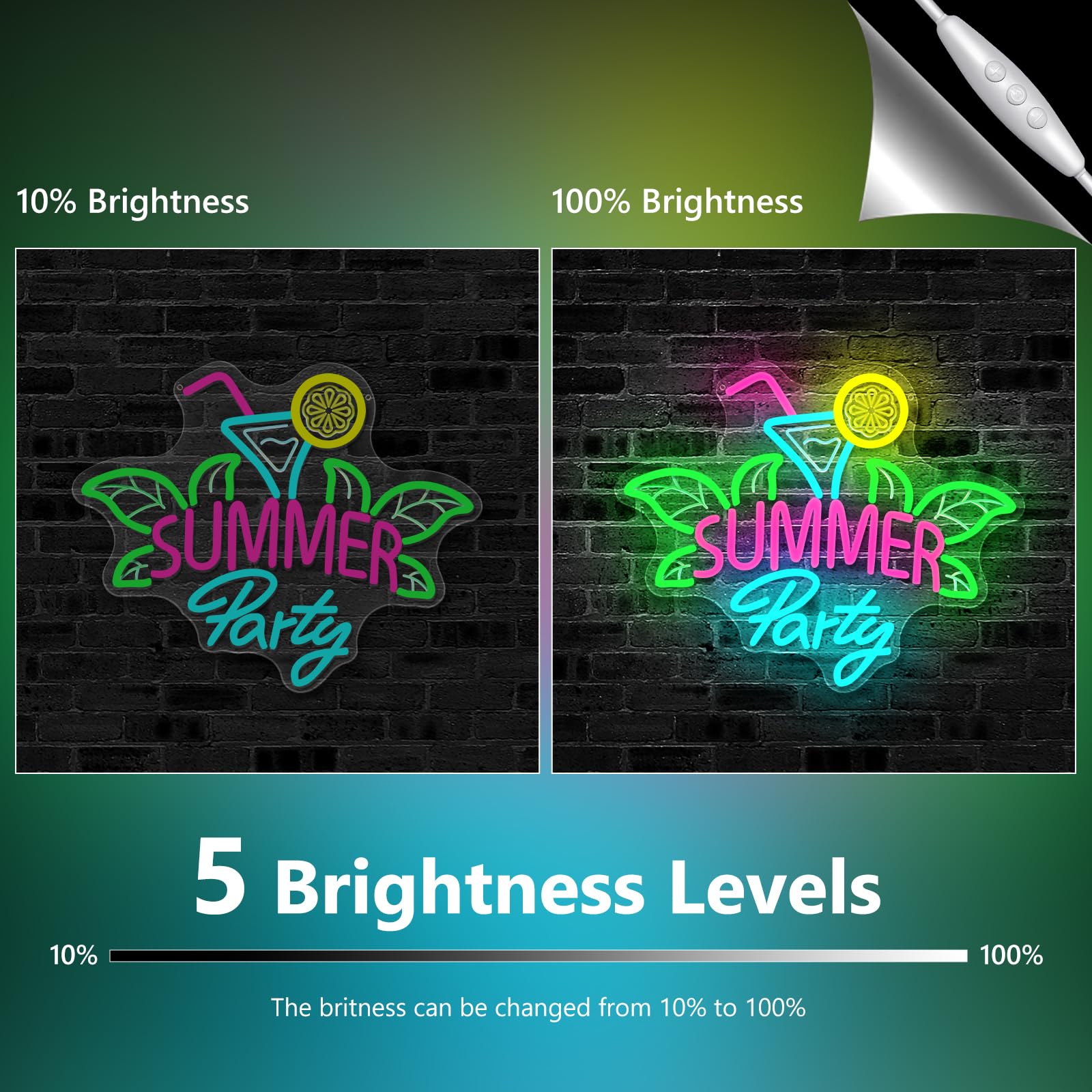 Sommerparty Neon Schild für Wanddeko, Martiniglas mit Strohhalm, Zitronenscheibe und Tropische Blätter LED Leuchtreklame für Cocktailbars,Poolpartys, Sommerfeste, Strandurlaube(Sommerparty)