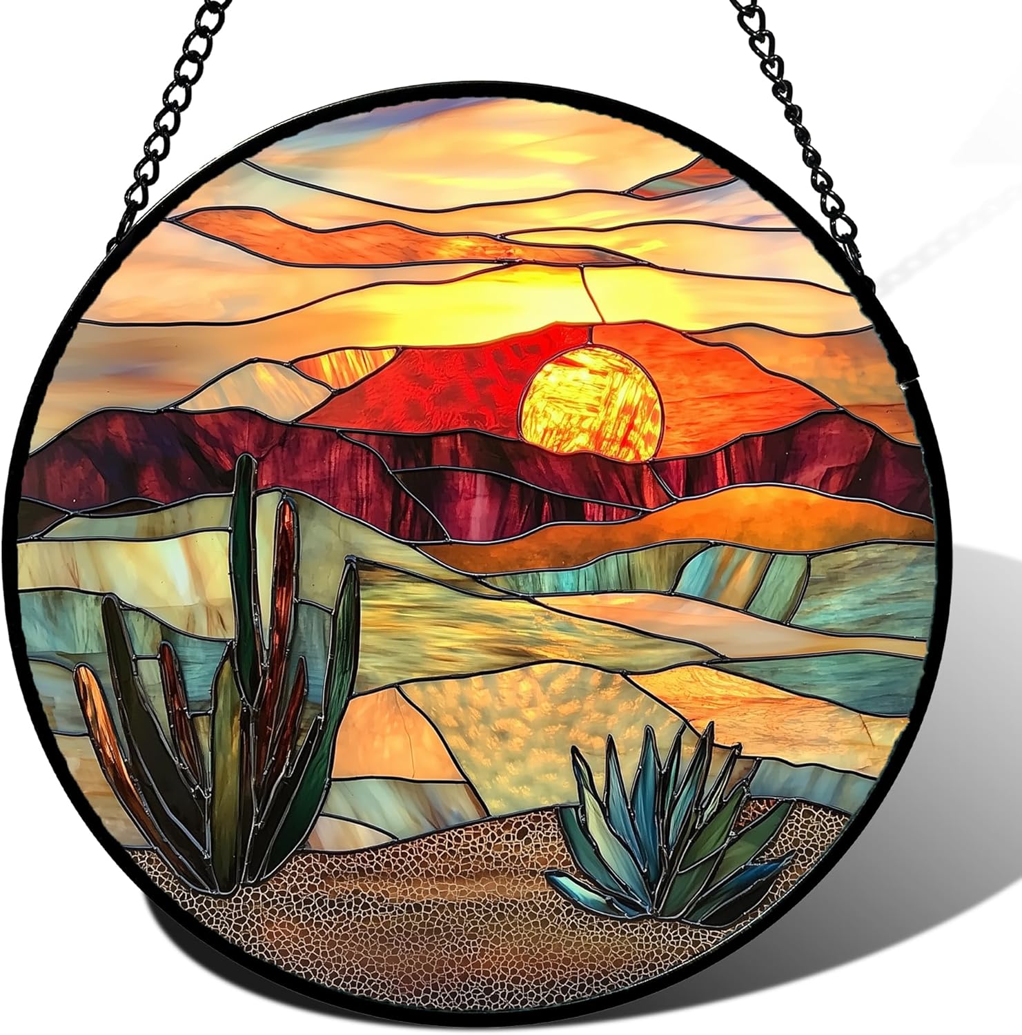 Stained Glass Window Hanging, Golden Landscape Dusk Sunset Suncatcher for Doors Window Home Cactus Sun Catchers Decoration Mother's Day Birthday Gifts for Women, Men, and Mom 11.8 in