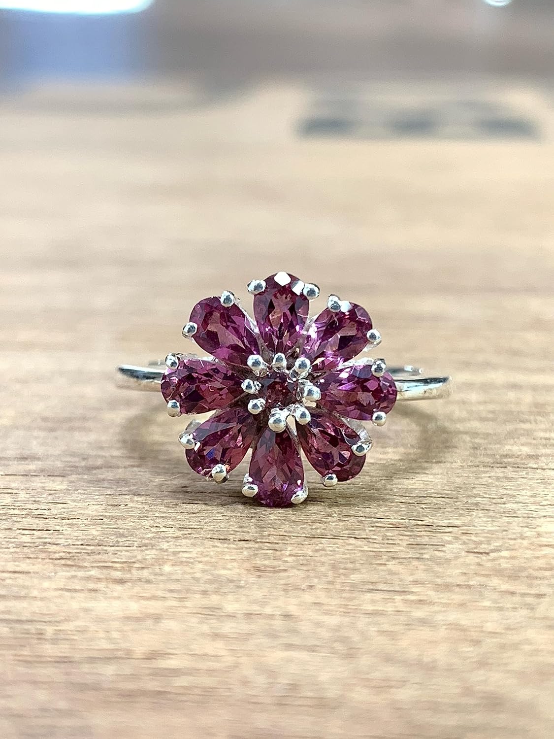 Malaya Garnet Ring, Pear Shape, Cluster Ring in Sterling Silver, Raspberry Rhodolite Garnet Ring, Flower Ring, Dainty Ring, Healing Crystal