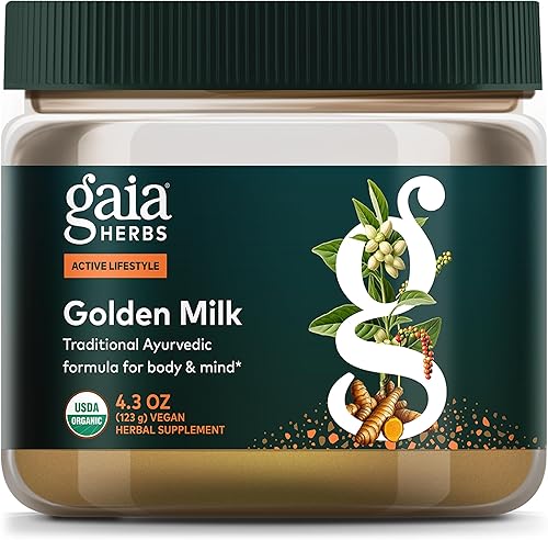 Gaia Herbs Suplemento en polvo de leche dorada, hecho con curcumina de cúrcuma orgánica, pimienta negra, ashwagandha, dátiles, cardamomo y vainilla