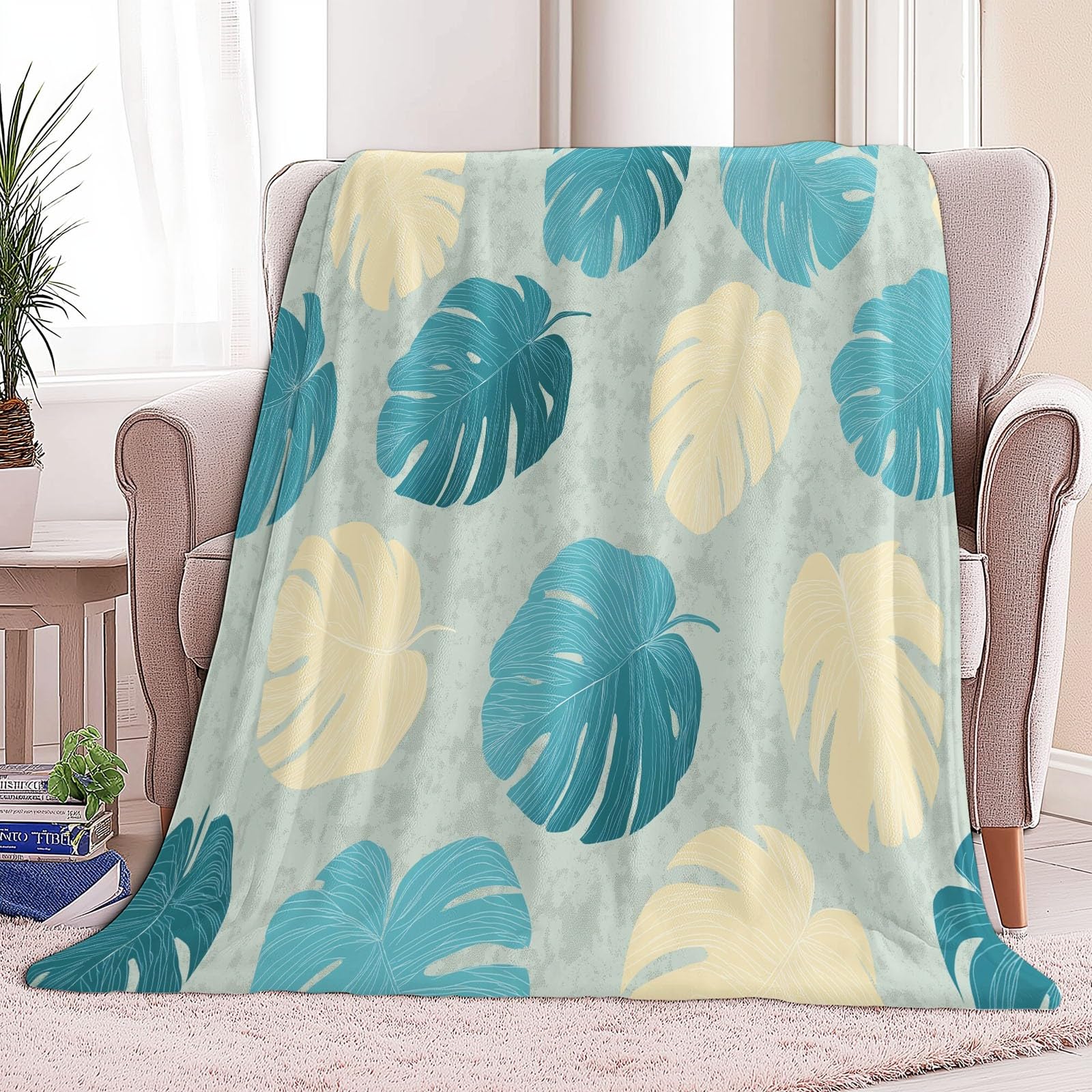 Vintage Monstera Flanelowy Koc Polarowy Liść Tekstura Krata, Narzuta na sofę Wygodny Dwuosobowy Koc na łóżko Zimowy pled 220 x 240 cm Kremowy