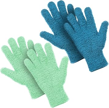 Patelai 2 Pairs Microfiber Gloves for plants Dusting Cleaning Glove Mittens House Cars Blinds DustingBlue, Grass Green,Large