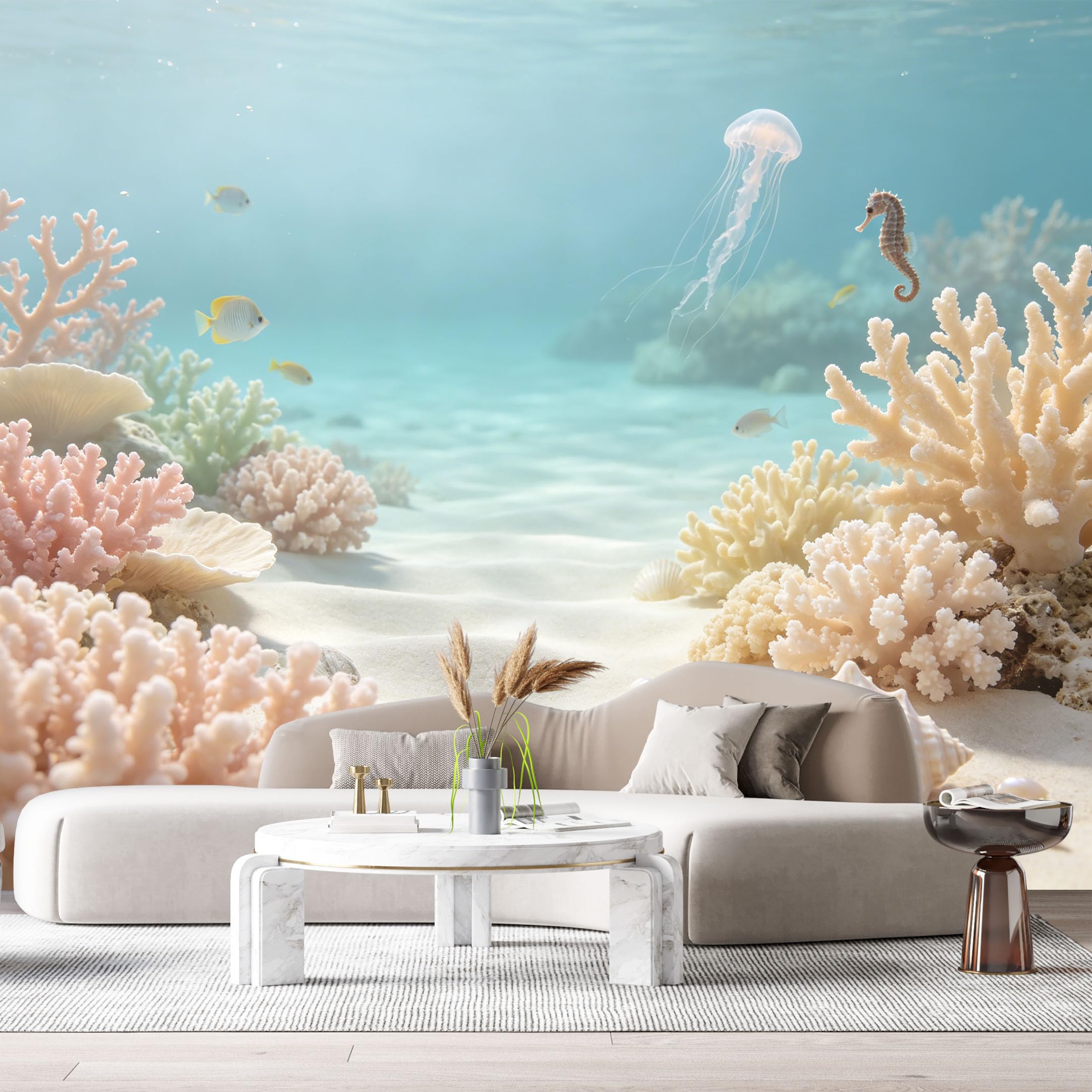 Custom Size Wall Murals Ocean Marine Jellyfish Seahorse Coral Reef SelfAdhesiveWall Fabric Removable Wallpaper Wall Decor for Living Room Bedroom Bathroom