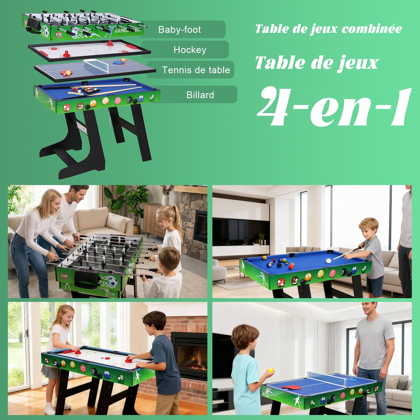 Table multijeux 4 en 1 - Babyfoot de 1,2 m/Air Hockey/Ping-Pong avec Accessoires/Billard Pliable - Idéal pour Une soirée Jeux en Famille en intérieur (103 x 58 x 73 cm).