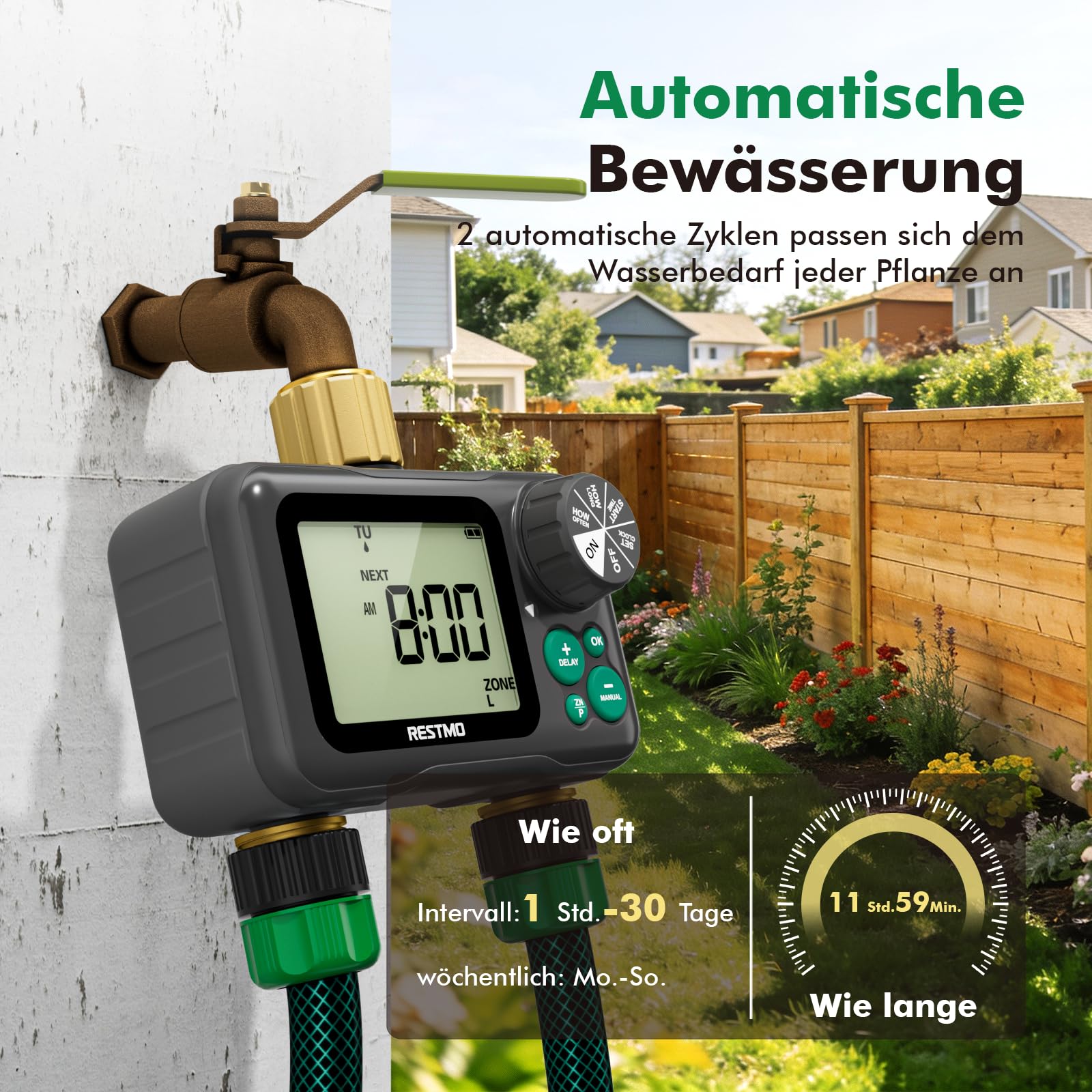 RESTMO Ordenador de riego RF de 2 zonas, temporizador de riego con mando a distancia | Automático/manual/retardo de lluvia, para manguera de jardín y grifo exterior, riego de césped