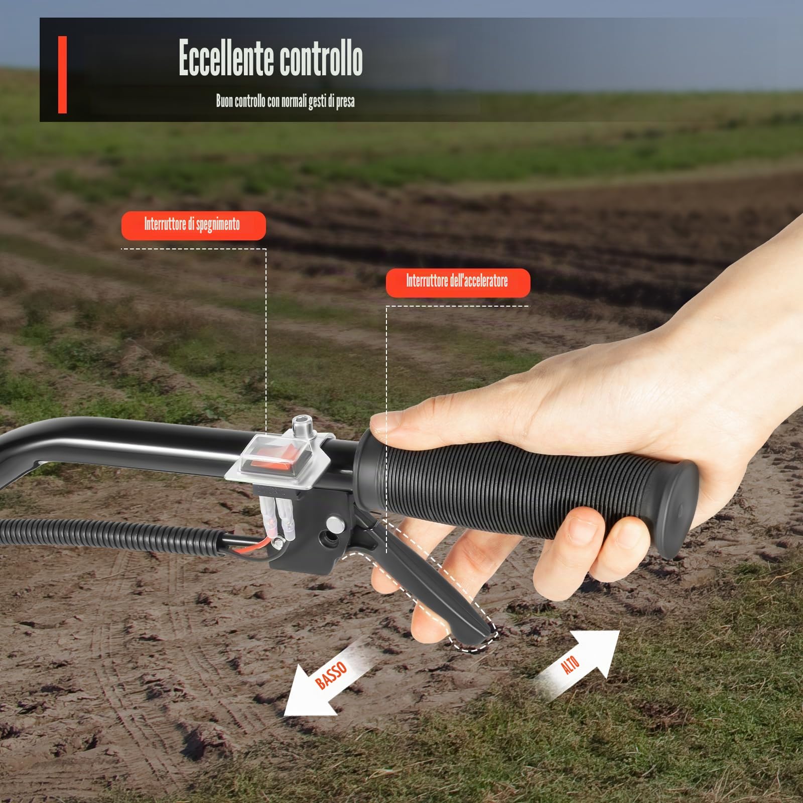 Fresa da giardino a benzina, 52 cc, 1900 W, a 2 tempi, larghezza di lavoro: 300 mm, zappa a benzina con 4 trottole, 4 coltelli in acciaio al manganese per prato, aiuole, orto, fai da te