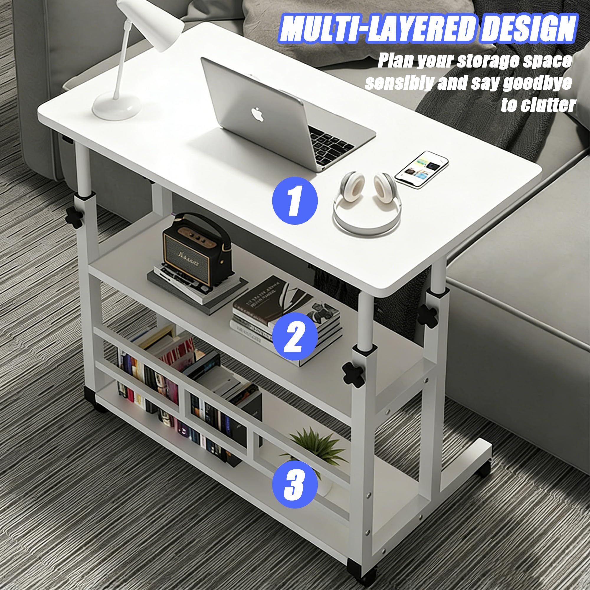 Verdego Escritorio de altura ajustable, mesa auxiliar con ruedas, 2 estantes, mesa de PC 40 x 60 x 56 – 82 cm, ahorra espacio, pequeña mesa portátil para ordenador para oficina en casa, sofá, cama