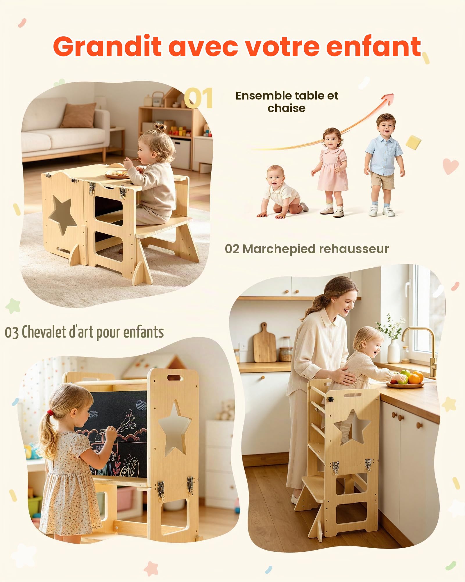 VEVOR Tour d'apprentissage en Bois 4 en 1 pour Tout-Petits de 1 à 5 Ans