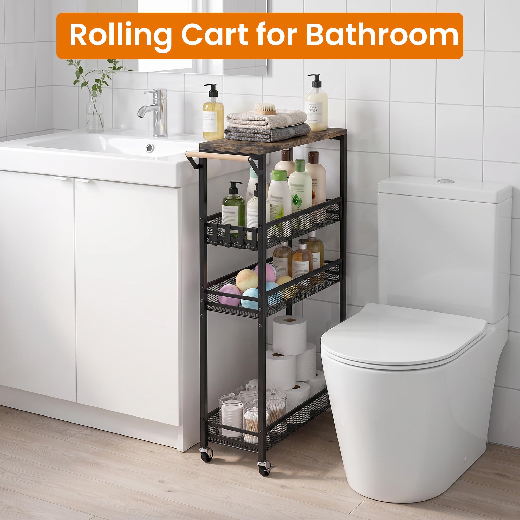 Carrello portaoggetti sottile con ripiano regolabile, 4 ripiani, largo 18 cm, con piano in legno, piccolo scaffale mobile in metallo, organizer per lavanderia, bagno, cucina