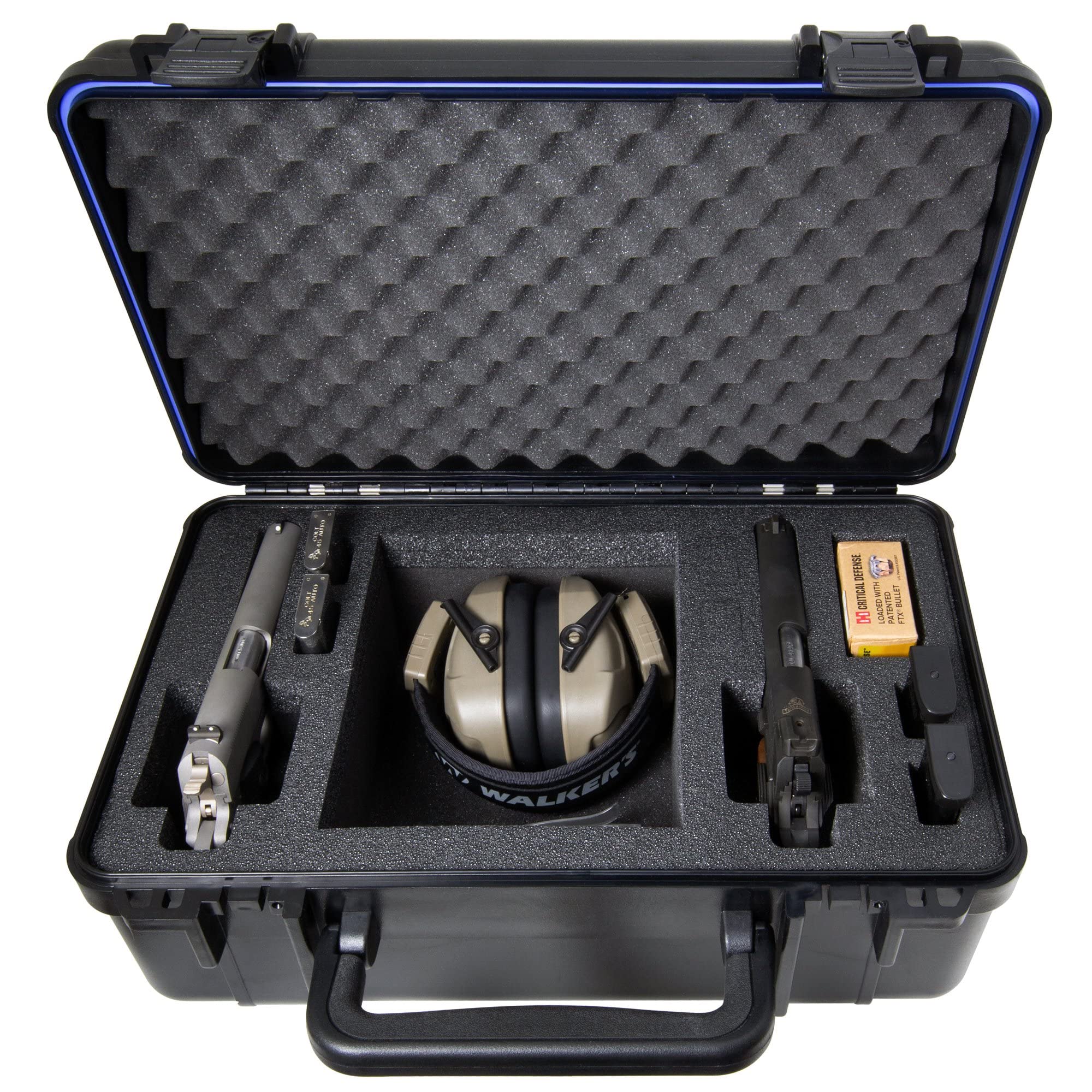 Underwater Kinetics D-Tap R2 Hard Shell Pistol Case with Pre-Cut Foam for 2 Handguns, 6 Magazines, Extra Ammo & Protection Space, Padlockable, TSA Approved Carrying & Storage Case for Firearms