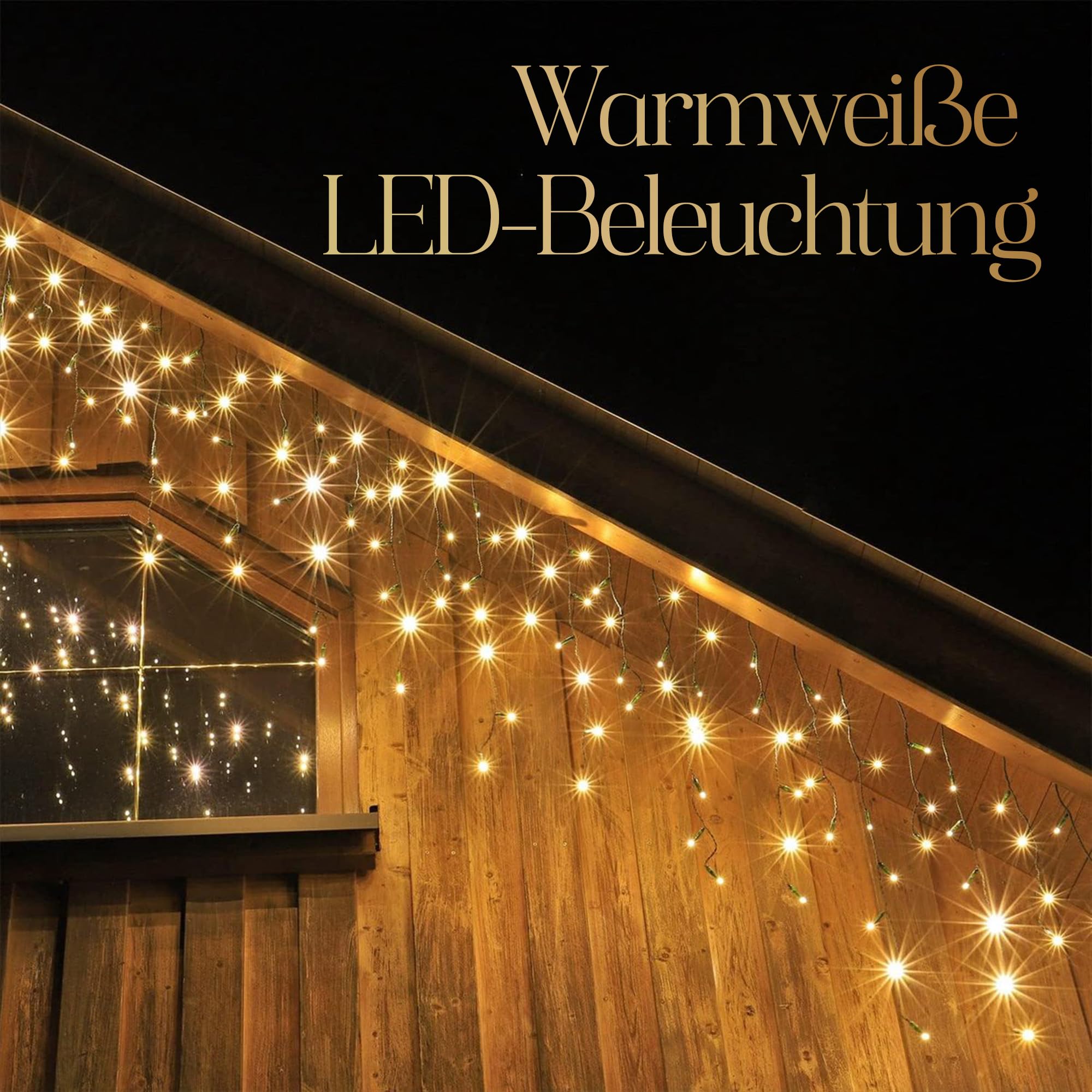 Meisterhome 400 LED Eisregen - 8m + 5m Zuleitung - mit Timer und 8 Beleuchtungsmodi - Eiszapfen Innen und Außen - für Party, Hochzeit, Balkon, Garten Deko - Warmweiß