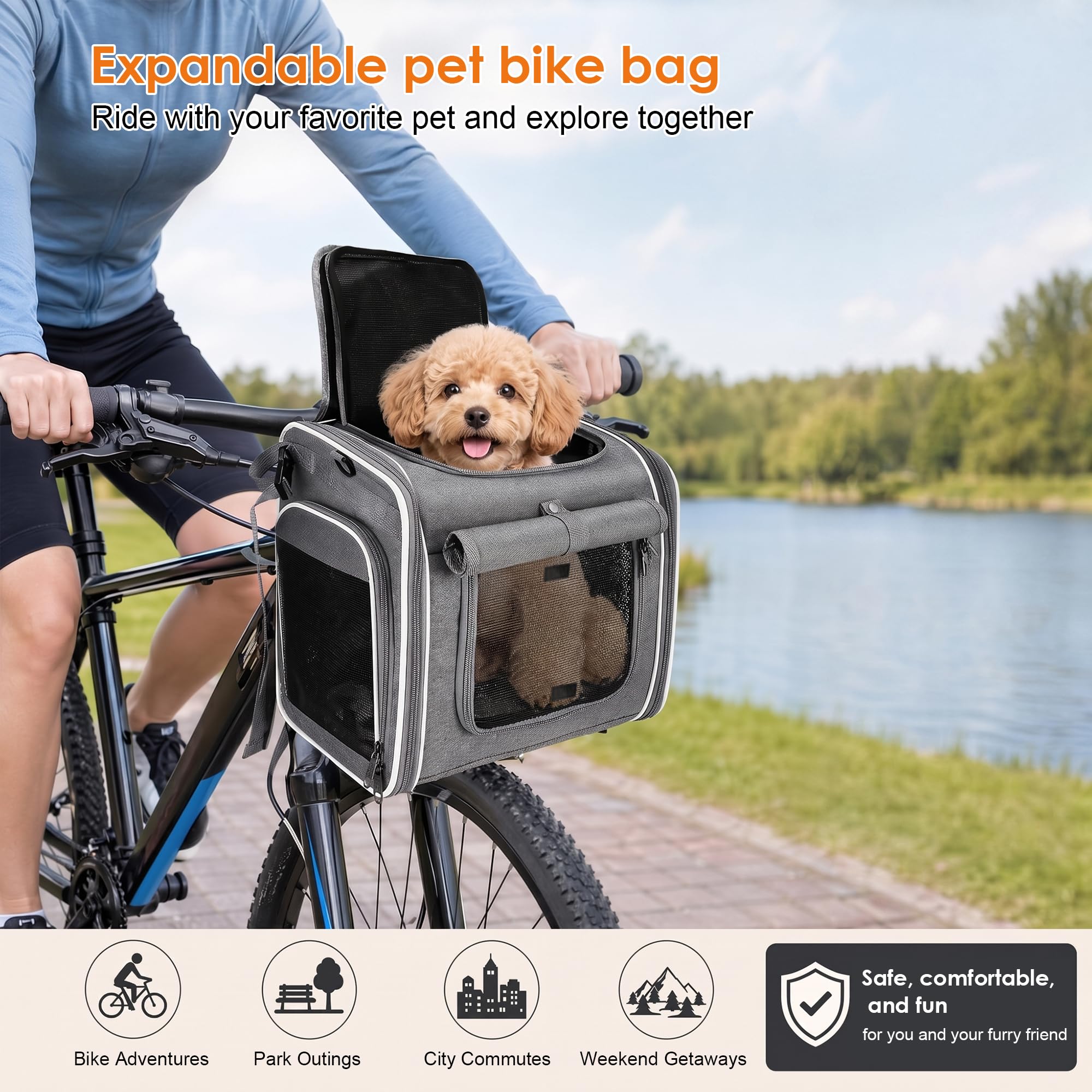 Hundefahrradkorb, Erweiterbarer, Weicher Fahrradtransportrucksack mit 4 Mesh-Fenster, 4 Offenen Türen für Kleine Hundekatzenwelpen