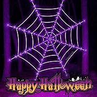 Vista 6 de Decoraciones de Halloween, luces de telaraña, 120 luces LED moradas de 12 pies de telaraña gigante, gran decoración iluminada para exteriores