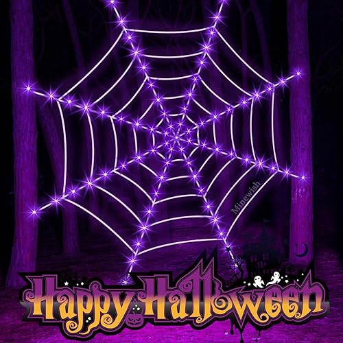 Miniatura 6 de Decoraciones de Halloween, luces de telaraña, 120 luces LED moradas de 12 pies de telaraña gigante, gran decoración iluminada para exteriores,