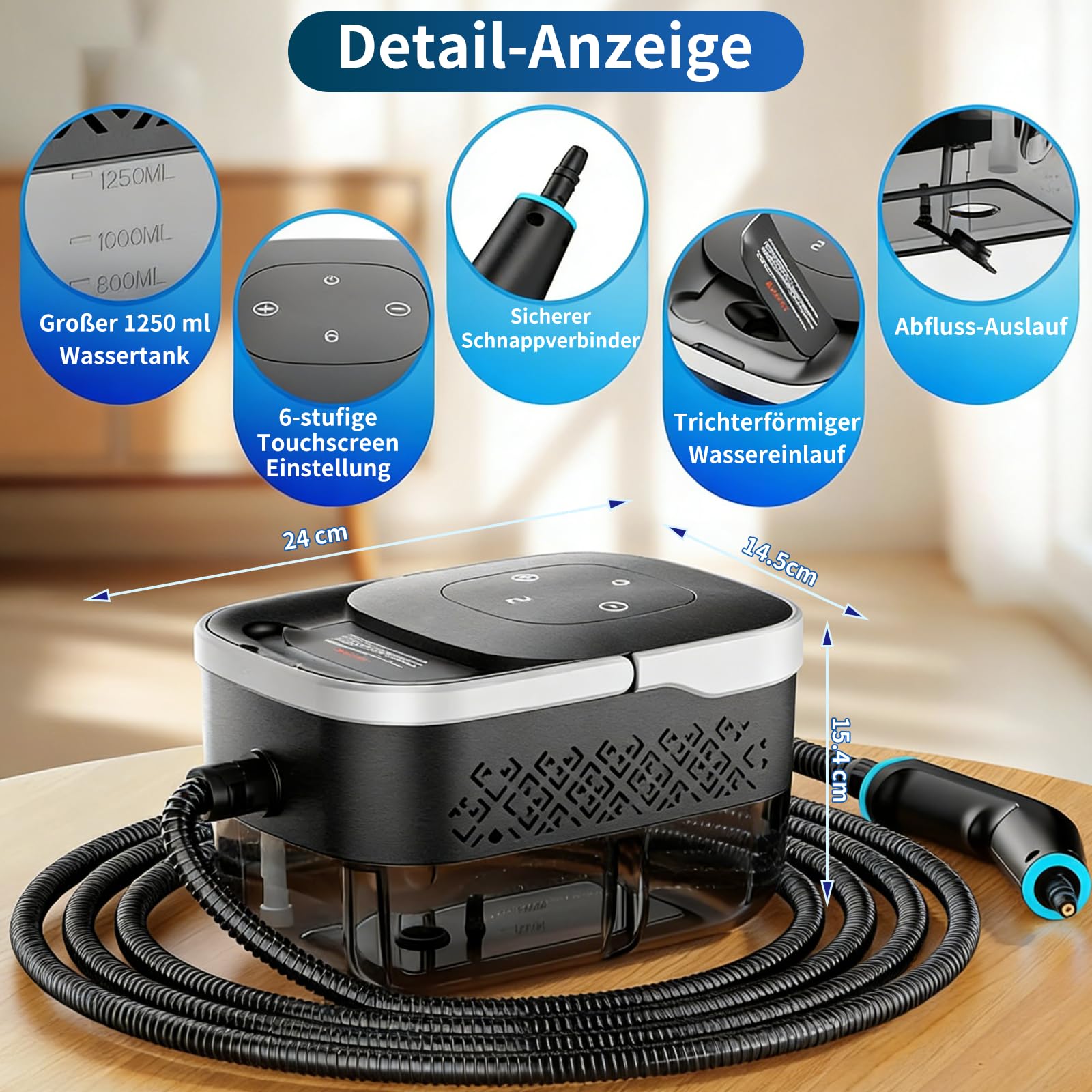 Dampfreiniger Handgerät, 2500W Handdampfreiniger, 8 Düsen, 6 Dampfstufen, 1250 ML Tank, 105℃ Hochtemperatur, 4 BAR Hochdruck, 15S Heizzeit, Tragbarer Dampfreiniger für Auto Küche Bad Polster BBQ