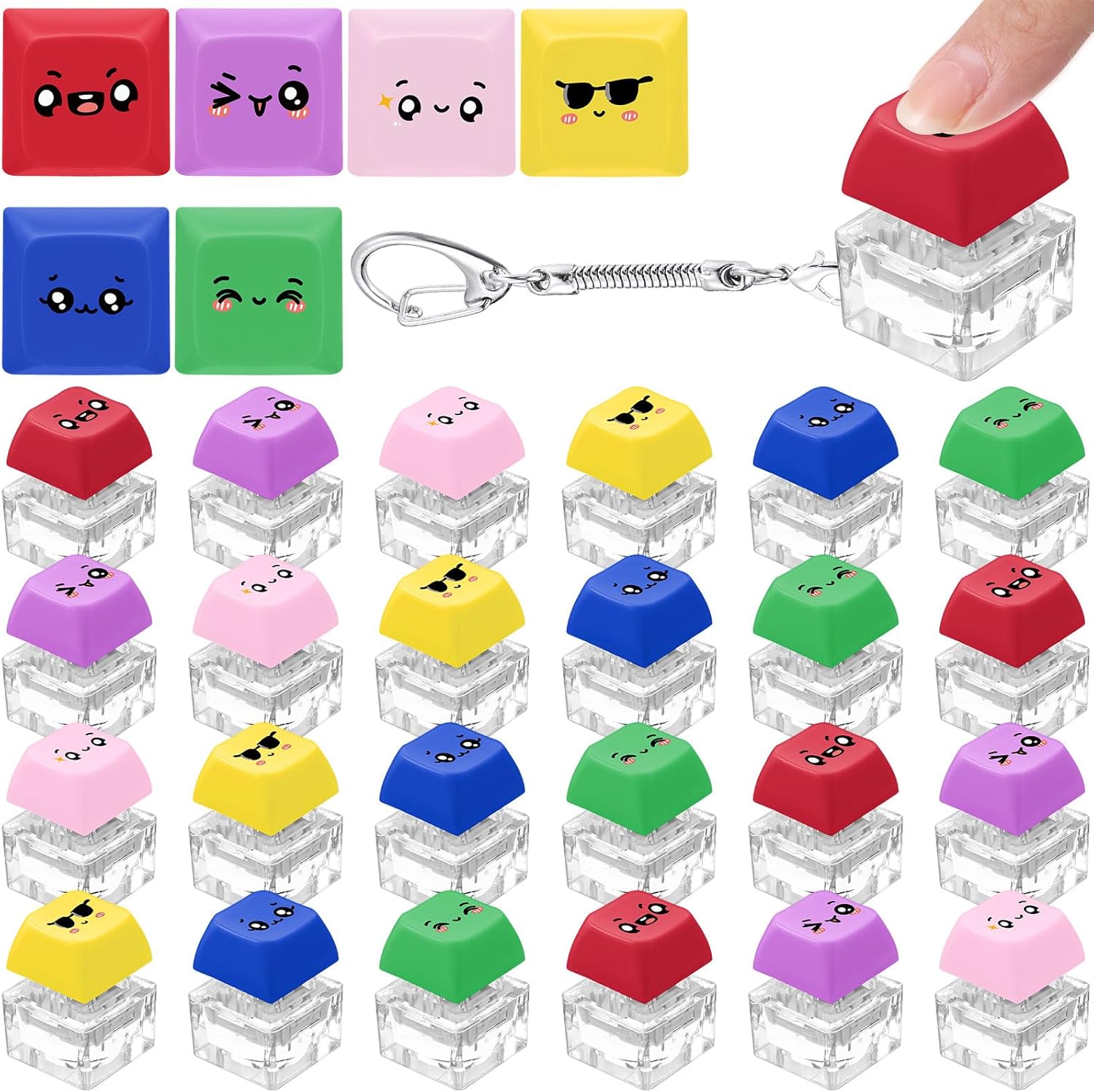 Halloscume 24 Pcs Keyboard Fidget Toy Keychains Adult Emoticon Support Clicker Finger Cute Keyboard Mechanical Key Button Relief Stress Gifts for Office Holiday Party Favors