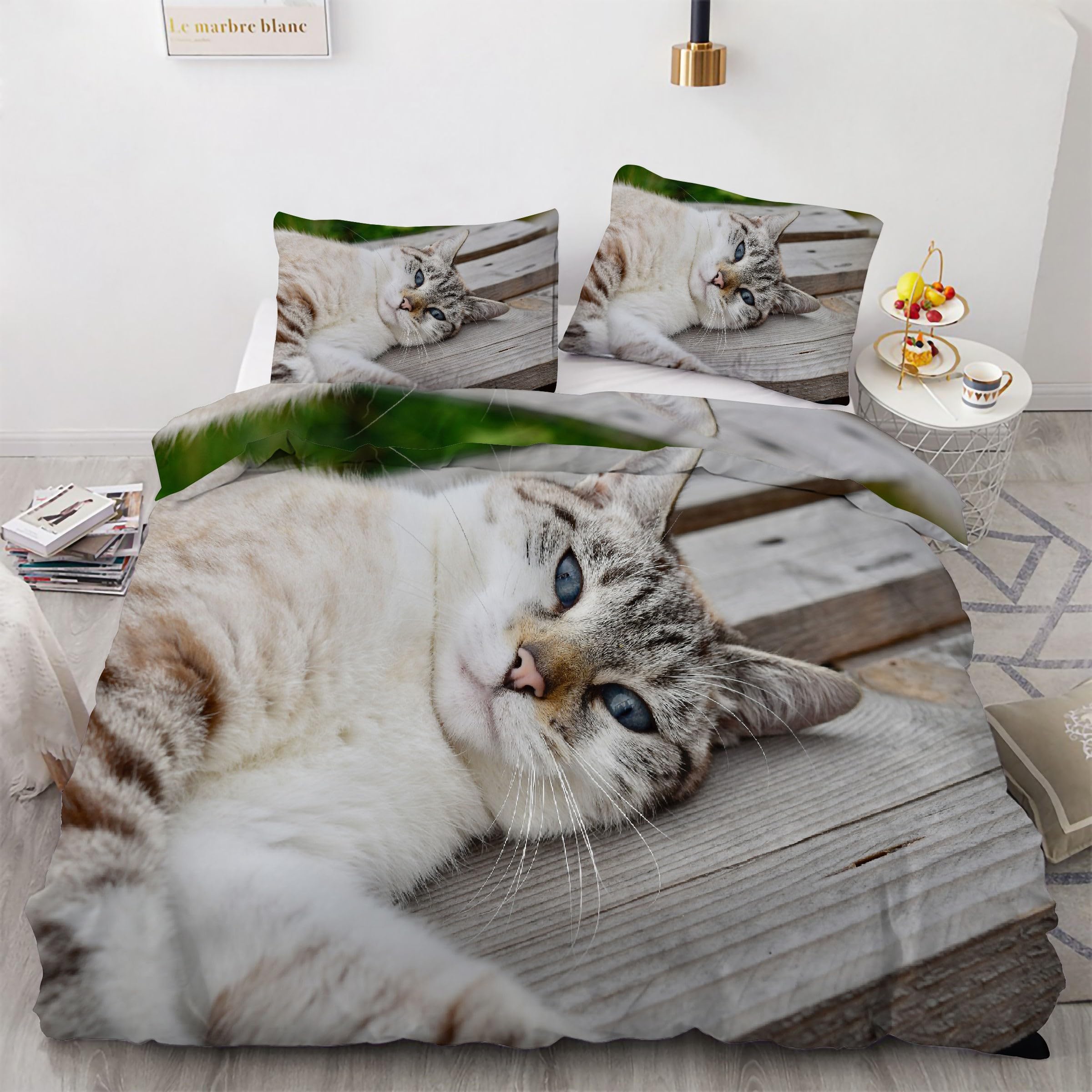 Housse de couette 240x260 chat en microfibre douce anti-glissement pour lit double