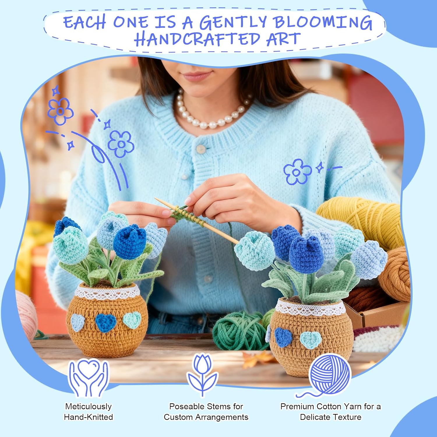 Gifts for Mom Crochet Flowers Bouquet Tulips Desk Decor Birthday Funny Thank You Gift for Women (Blue)