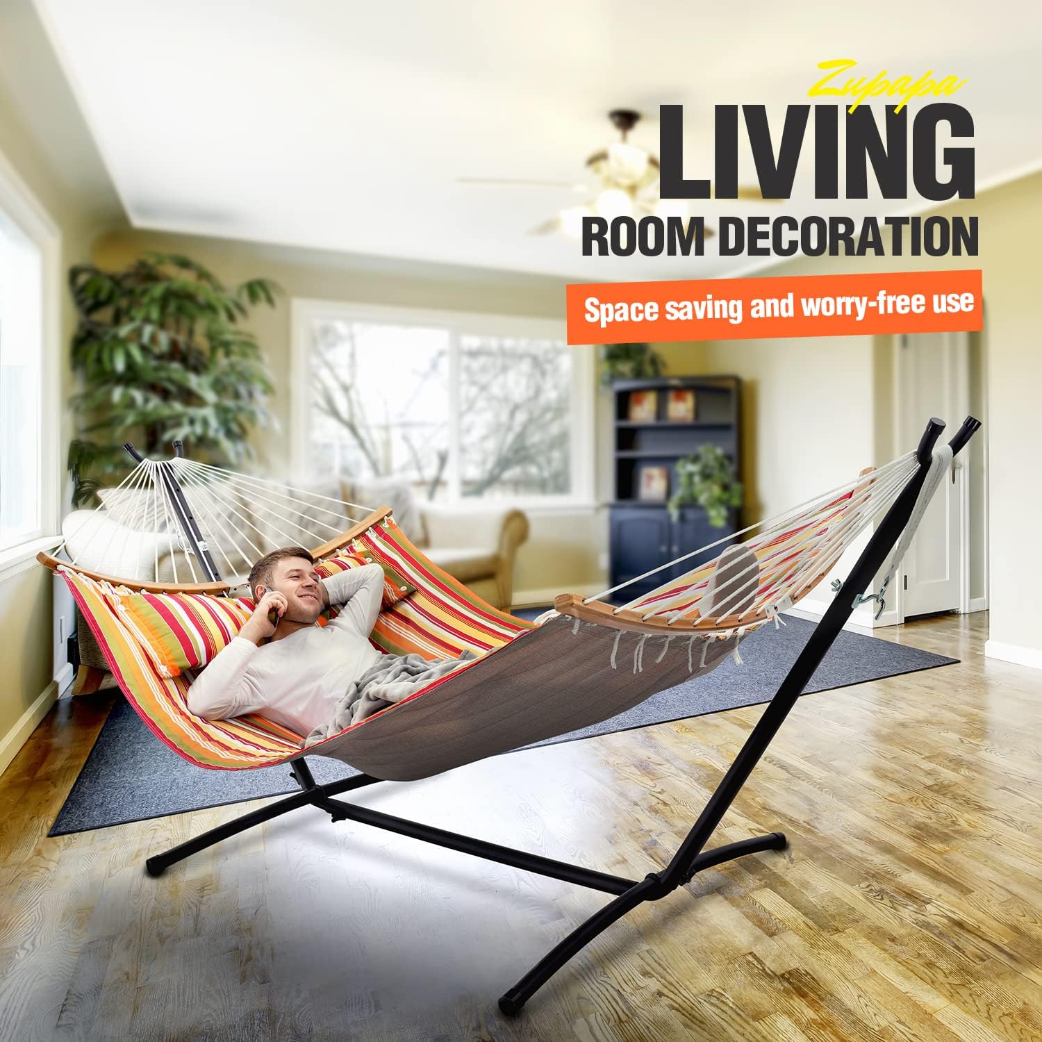 Space-Saving Hammock with Stand, 2 Person 550 Pound Capacity, Outdoor Patio Yard Indoor Hammock Bed, Quilted Fabric (Orange Stripes)