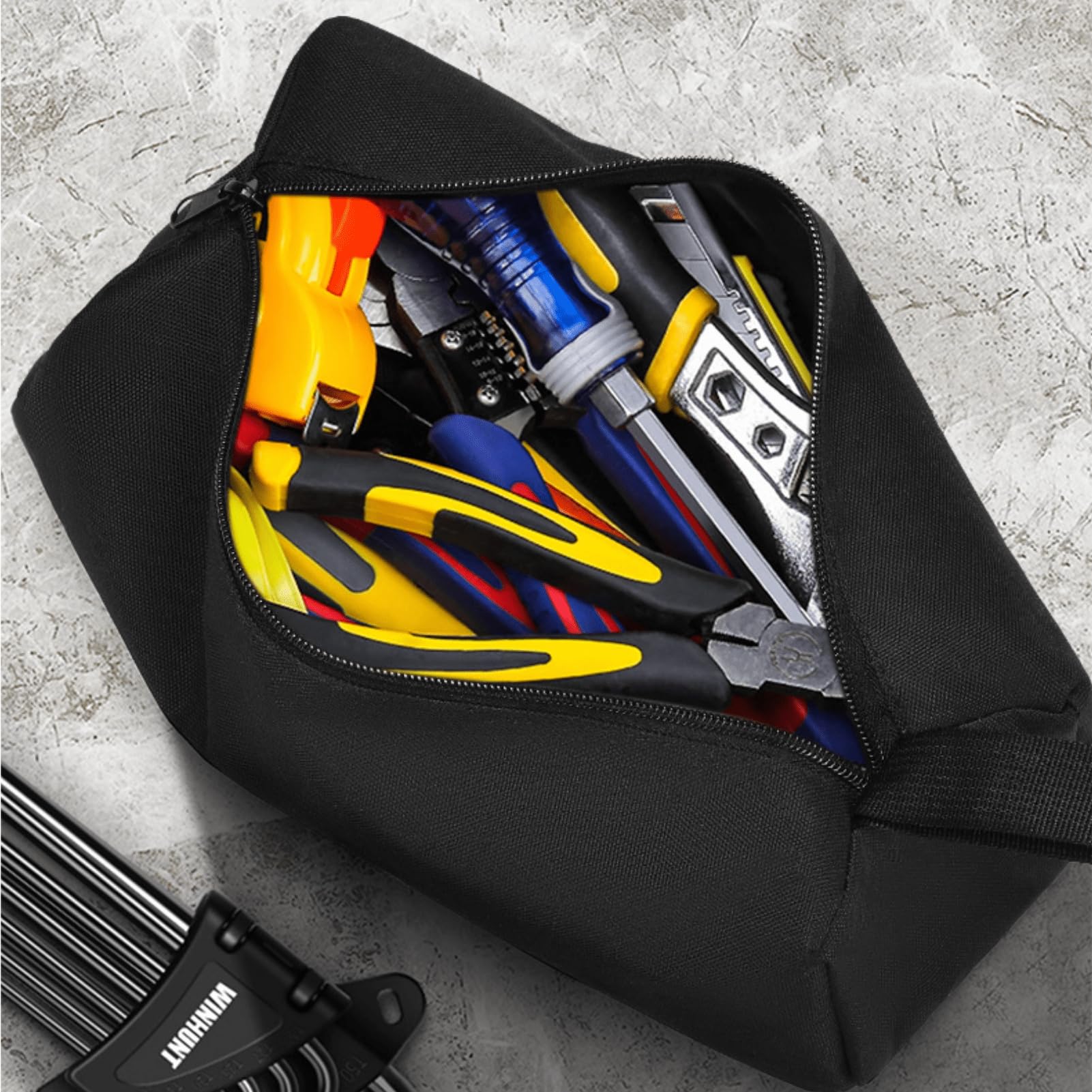 Tissting Tool Pouch, Heavy-Duty Oxford Tool Bag with Reinforced Hand Strap, Multiple Pockets Storage Organiser for Electricians, Garden Workers, Home DIY