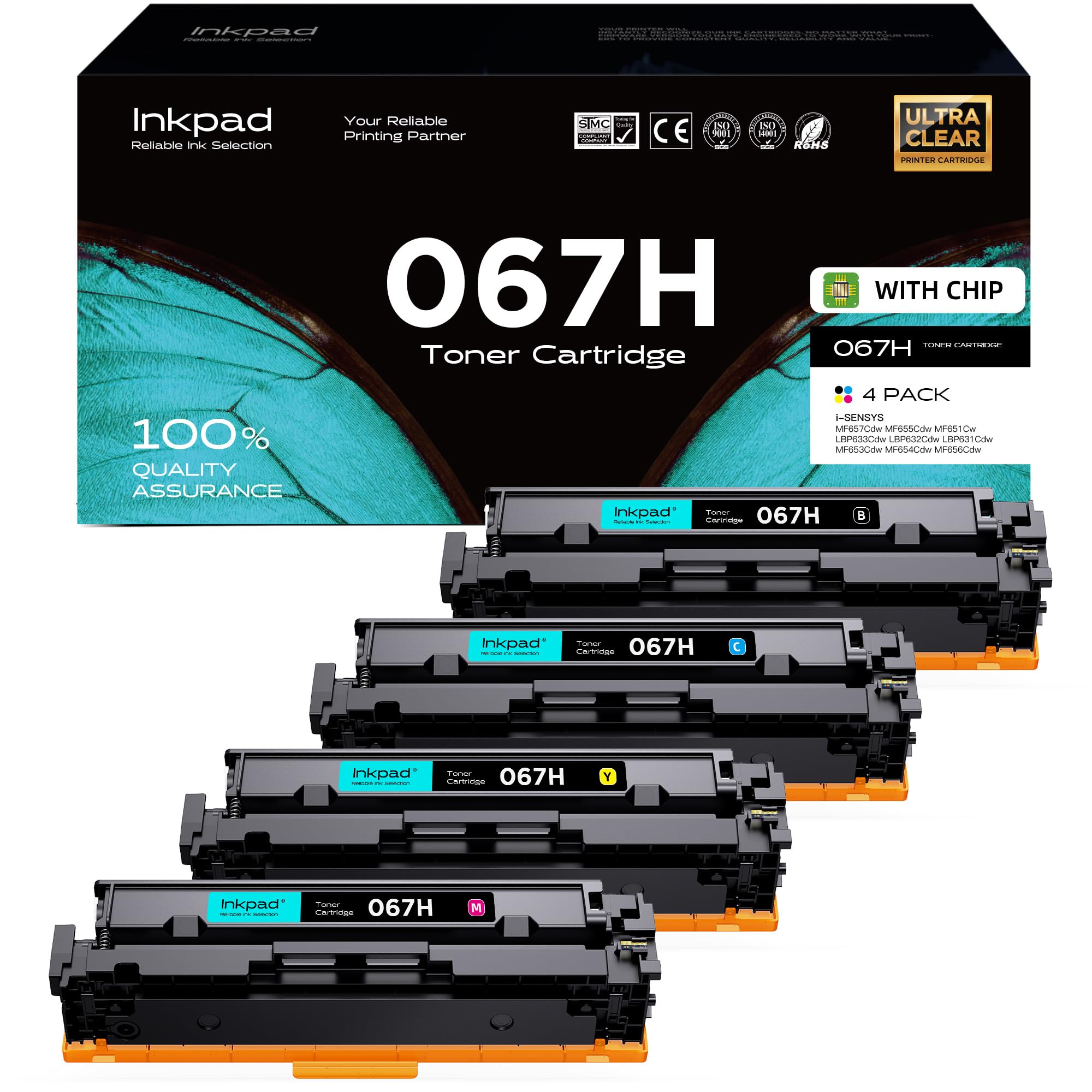 iNKPAD 067 067H Cartucce Toner Compatibile con Canon Toner Ricambio per Canon i-SENSYS LBP631 LBP631Cw LBP633 LBP633Cdw MF651 MF651Cw MF655 MF655Cdw MF655Cw MF657 MF657Cdw MF657Cw (Confezione da 4)