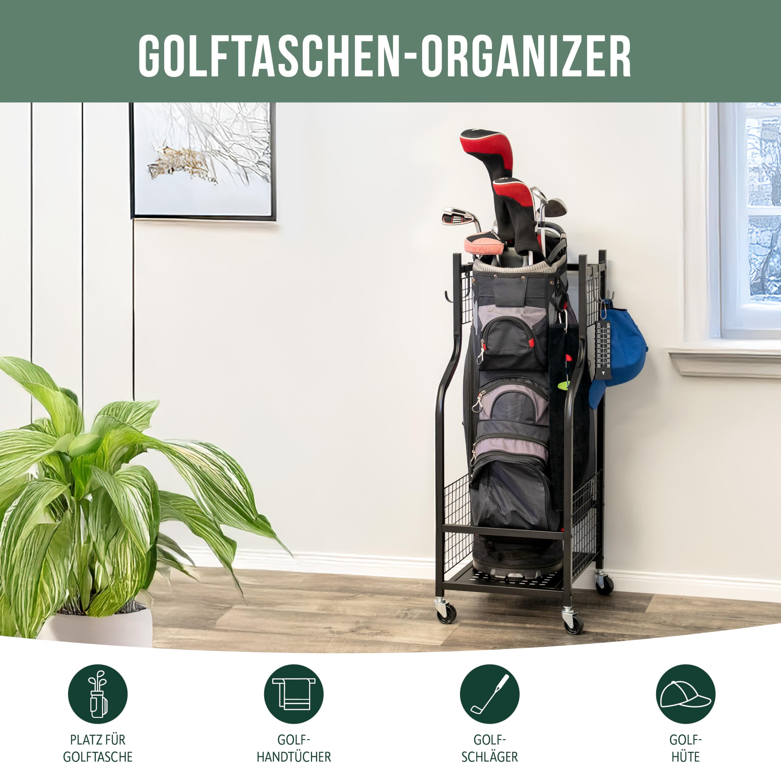 eluno Golftaschen-Organizer, stabiles Standregal mit extra Haken, Aufbewahrungsregal passend f�r 1 Golftasche und Golfausr�stungszubeh�r, Golftaschenhalter, aus schwarzem Stahl