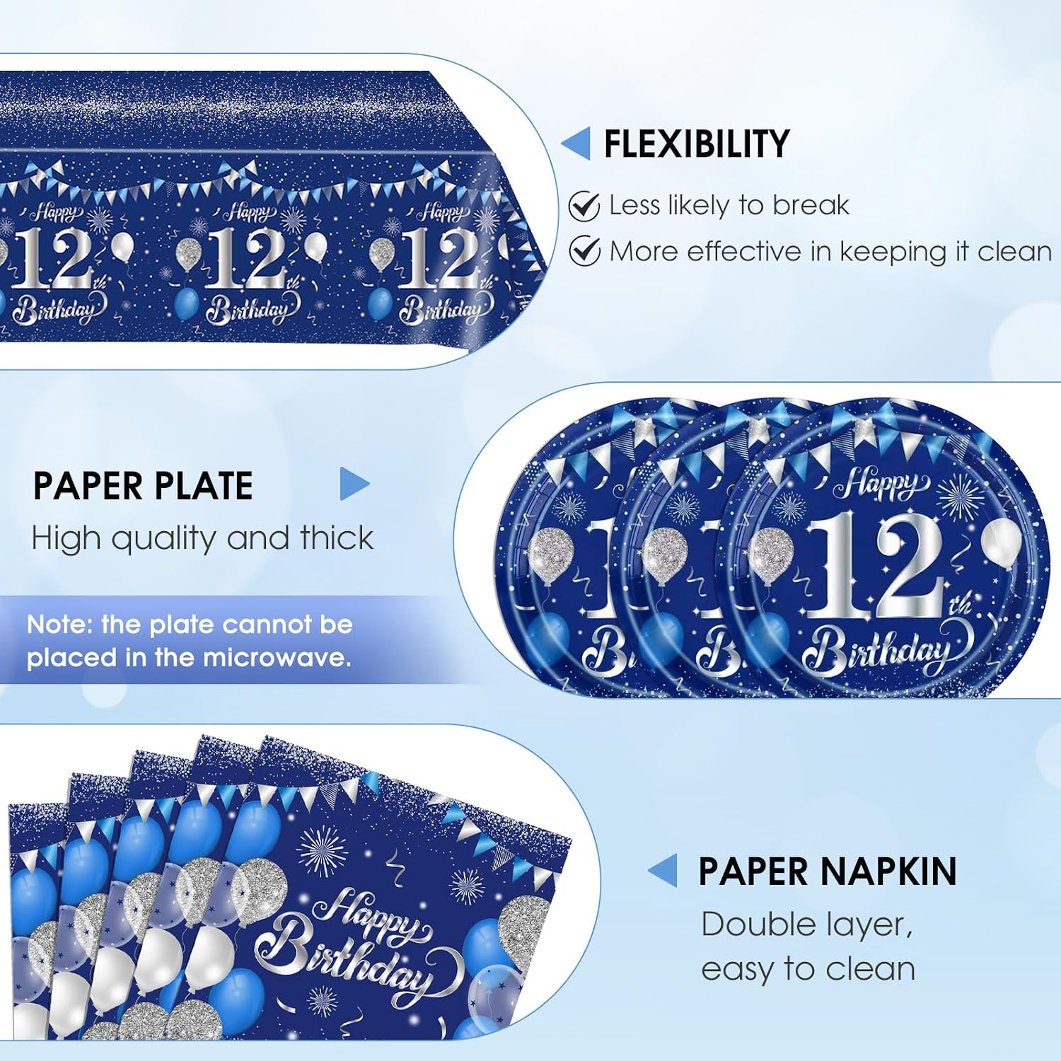 41Pcs 12th Birthday Decorations for Boy Girls, Blue Silver 12 Year Old Party Decorations Including Disposable Plates and Napkins Tablecloth for Teens Adult Birthday Party Supplies Serve 20 Guests image 3