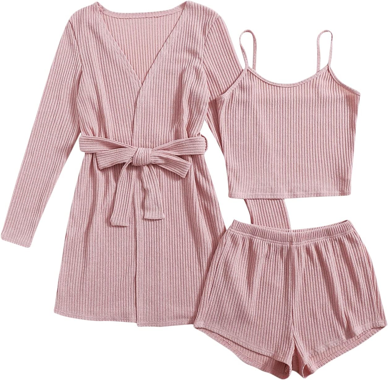 SOLY HUX Womens 3 Piece Lounge Set Pajama Sets Sleepwear Rib Knit Cami Tops and Shorts with Robe Cardigan