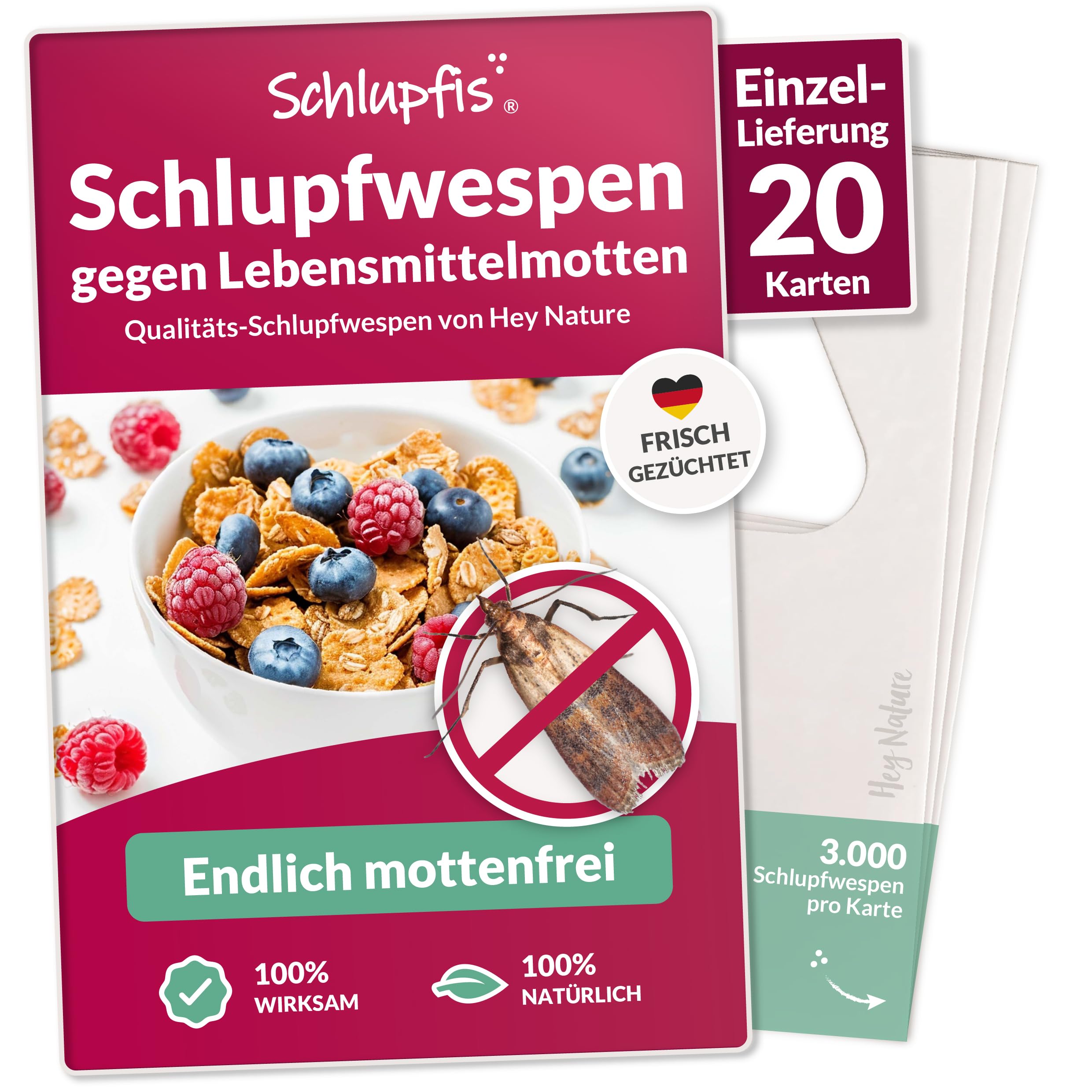 Hey Nature Schlupfwespen gegen Lebensmittelmotten - 20 Karten Einzelkauf | Effektiv & natürlich Lebensmittel Motten bekämpfen | 3.000 Nützlinge pro Karte | Zucht & Beratung aus Deutschland