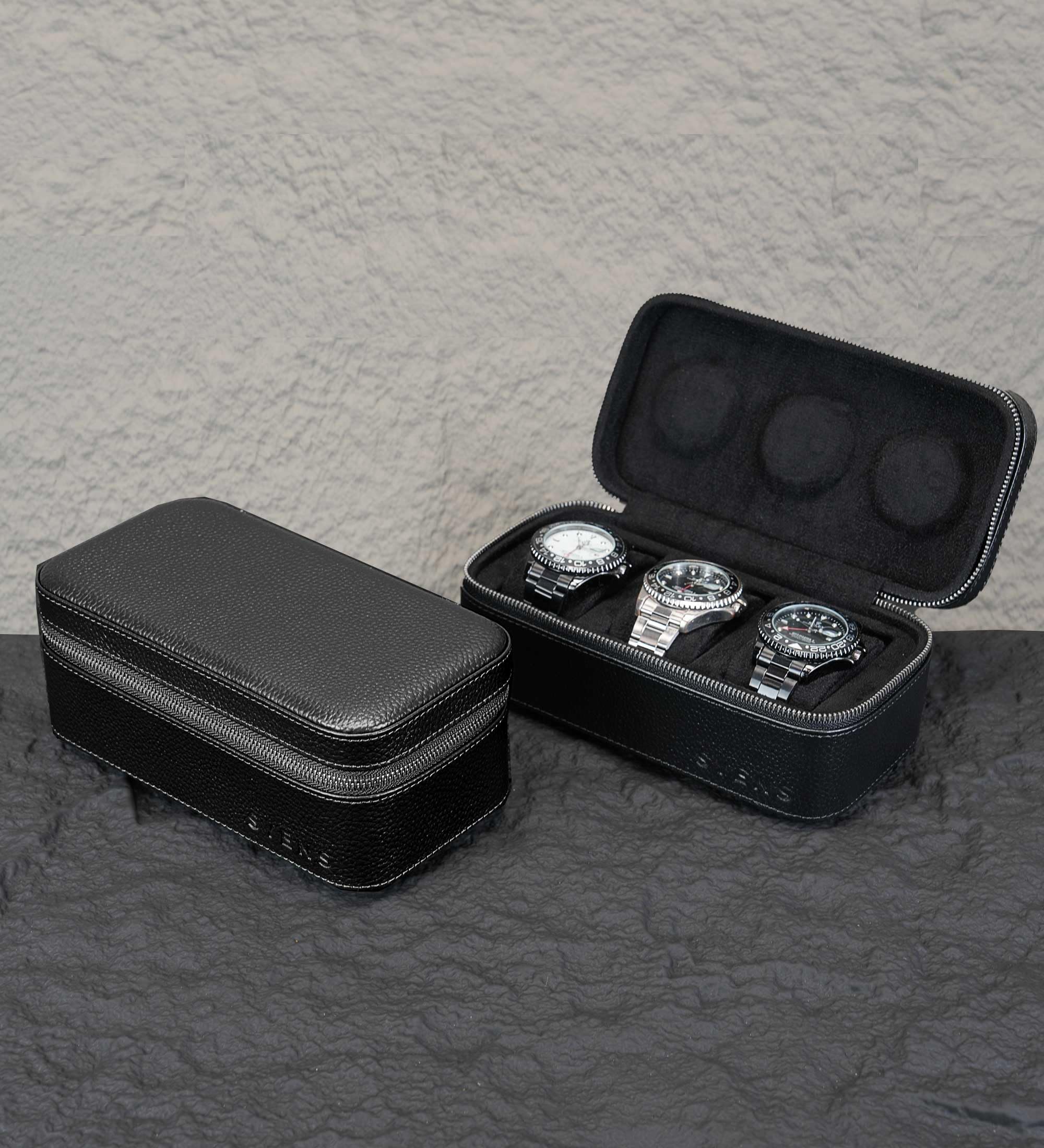 Boîte de voyage en cuir véritable pour homme et femme - Organiseur de rangement avec fermeture éclair en daim pour la protection - Convient à toutes les montres jusqu'à 60 mm (3W-Z-BBL)