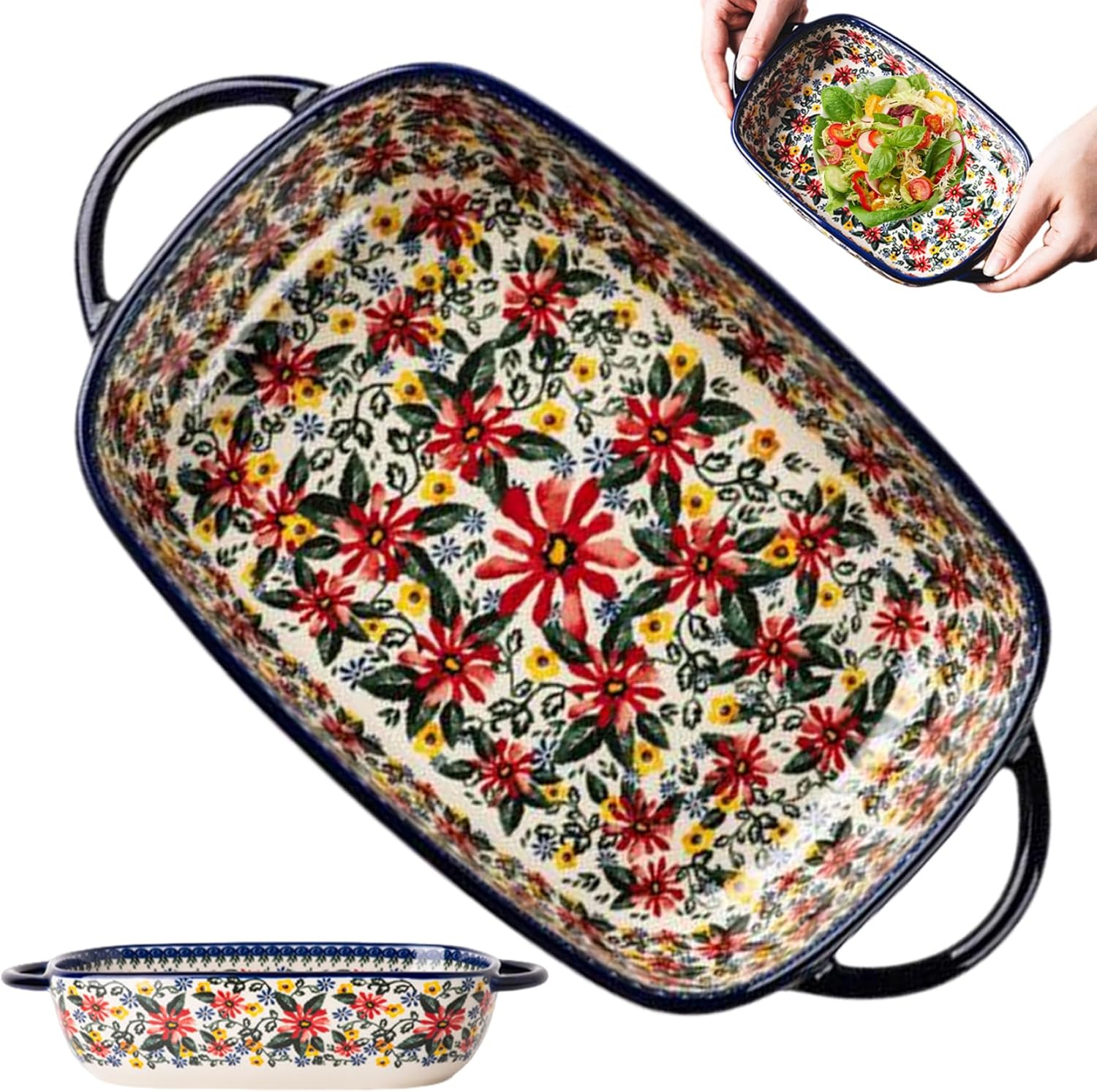 Baking Dish, 1900ml Heat-resistant Ceramic Oven Dish with Dual Handles, Daisy Print Rectangle Lasagne Dish, Non Slip Washable Casserole Dishes for Oven Kitchen, Lasagne Dish, Baking Dish