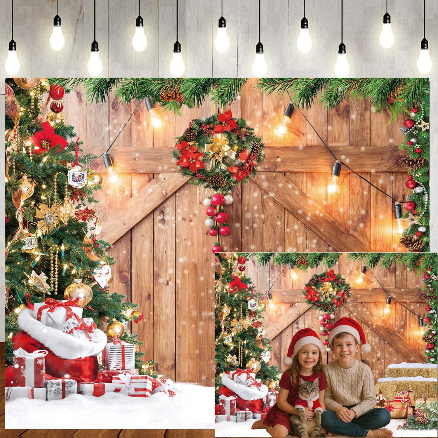 LTLYH 7x5ft Christmas Barn Door Backdrop Christmas Rustic Wooden Wall Background Xmas Tree Snow Holiday Party Banner Decoration Photo Booth