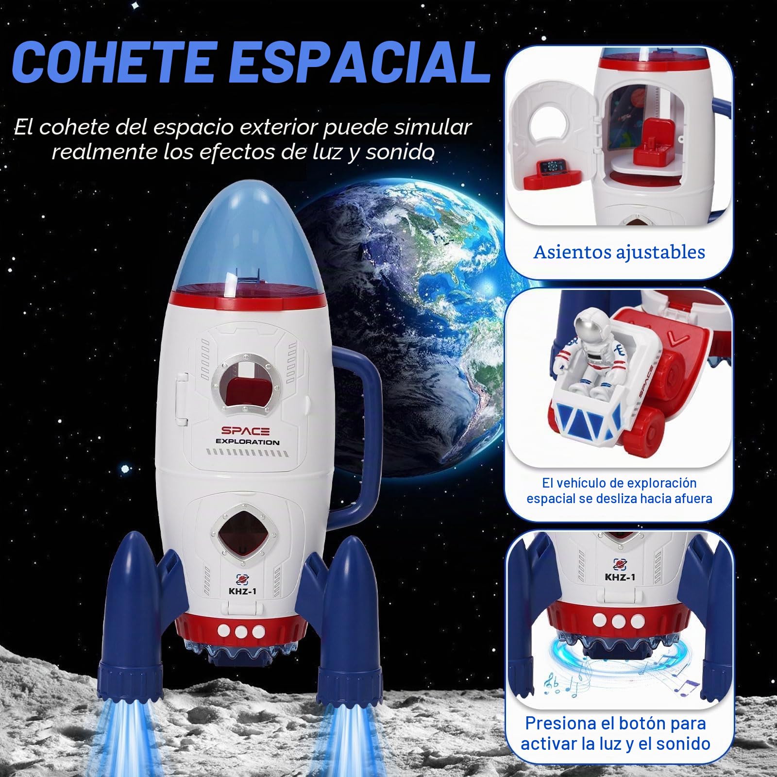 Cohete Espacial Juguete, Juego de Cohete con Sonido y Luces, Juguetes y Juegos del Espacio para niños con Rover Espacial, Astronauta, Nave, Juguetes Educativos para Niños