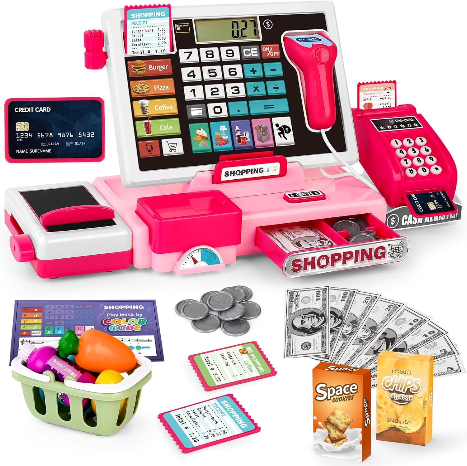 Cash Register with Lights & Sounds for Pretend Play Electronic Toy Set with Scanner Shopping Basket Grocery Best Gift for 3+ up Ages Kids Boys & Girls (Cash Register 818)-image-25