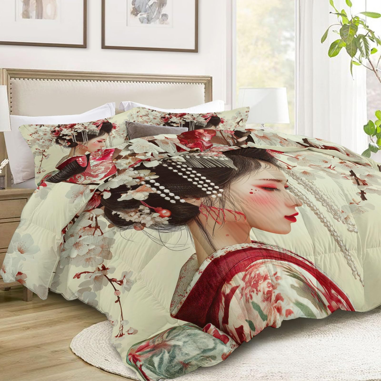 Bettdecke 200 x 200 cm Ganzjahresdecke 4 Jahreszeiten, Japanische Geisha Blumen Bettdecke ohne Bezug 400 GSM Wende Steppdecke Atmungsaktiv Schlafdecke mit 2 Kissenbezug 80x80 cm, Gelb