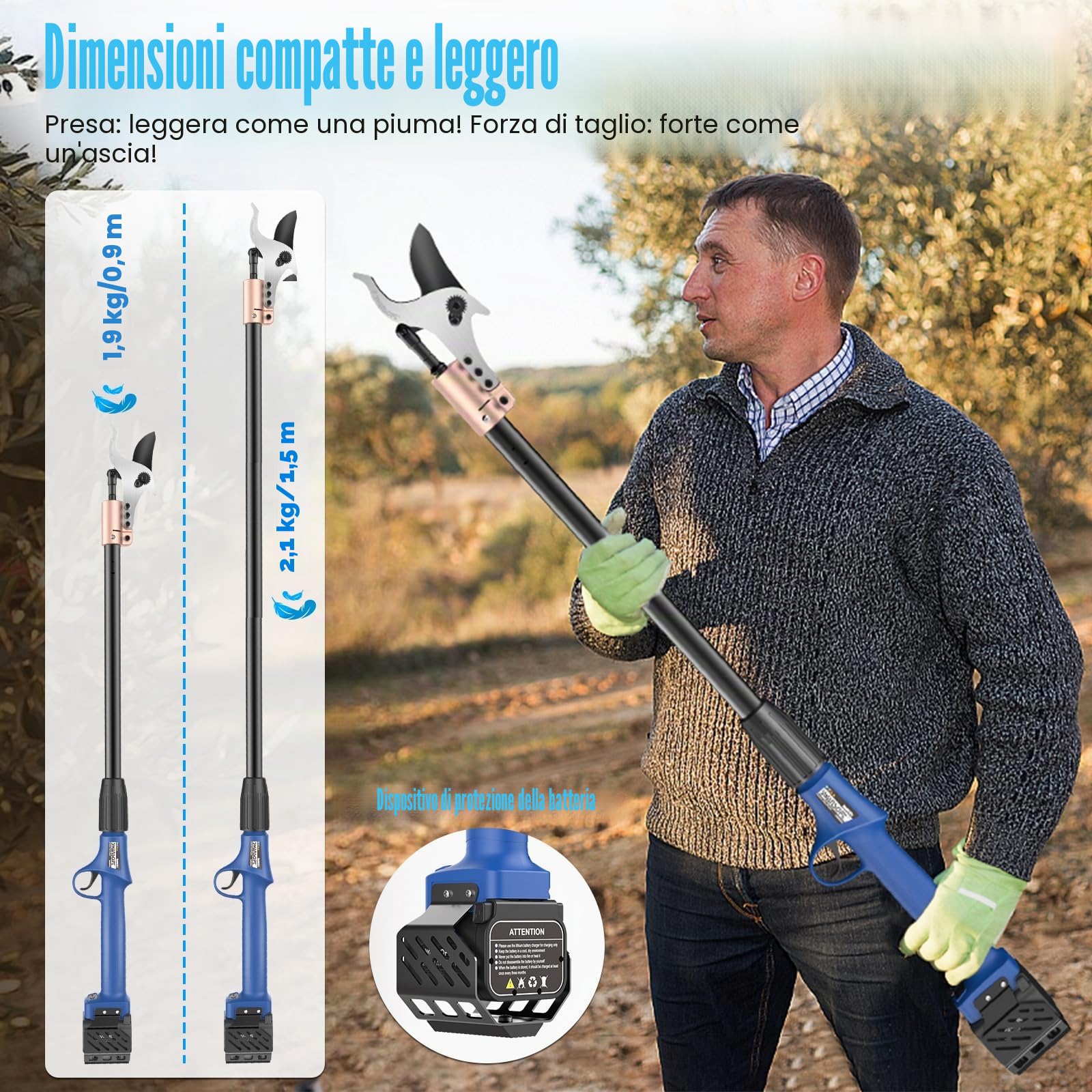 SWANSOFT Forbice Potatura Elettrica ad Asta, 40mm Cesoie a Batteria 25.2V /4+4Ah con 1050W Motore Brushless Cesoie Professionali a Batteria, SW-921-1 (0,9 metri di altezza)