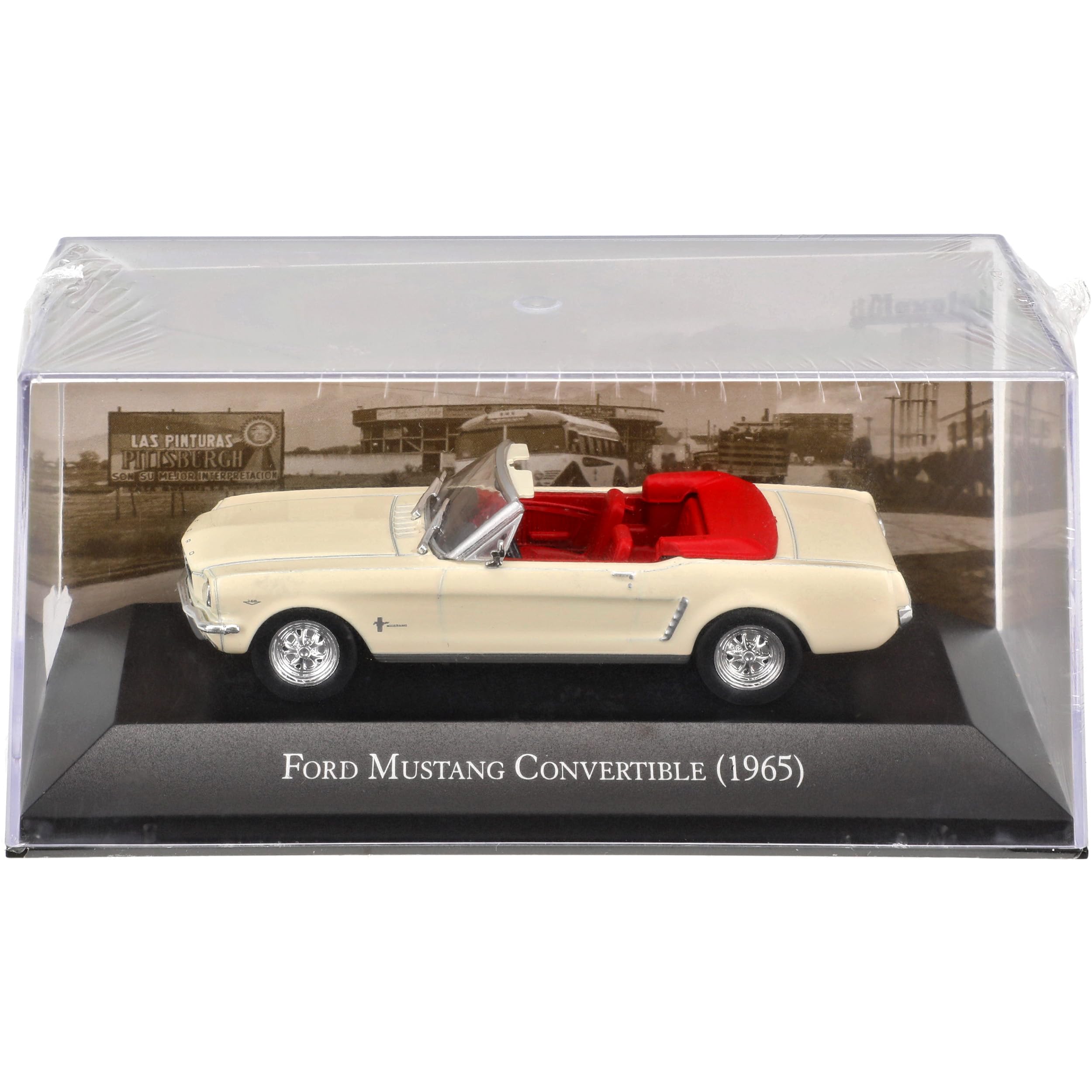 Ixo Defekte Vitrine Ford Mustang I Cabrio Cream Beige 1964-1966 mit Sockel und Vitrine 1/43 Modell Auto