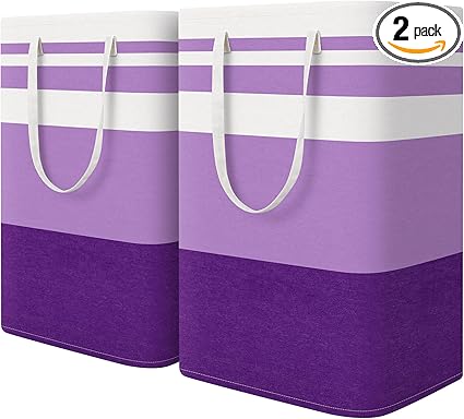 HomeHacks 2 Pack Large Laundry Baskets, Waterproof, Freestanding Laundry Hampers, Collapsible Clothes Hamper with Reinforced Handles in Laundry, College Dorm, Bathroom, Bedroom (Purple, 75Lx2)